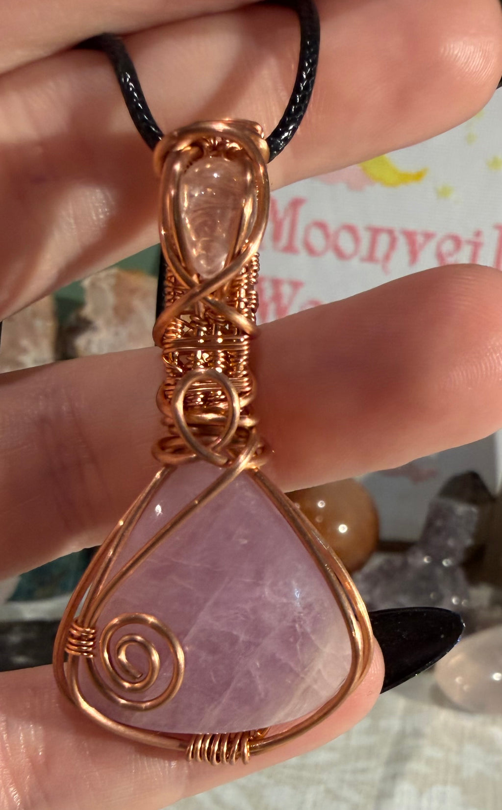 Kunzite & Rose Quartz copper wire-wrapped pendant