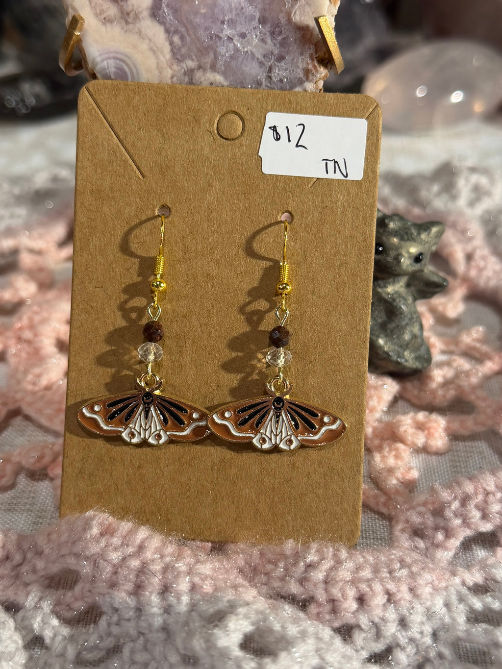 Pietersite & Quartz moth dangly earrings