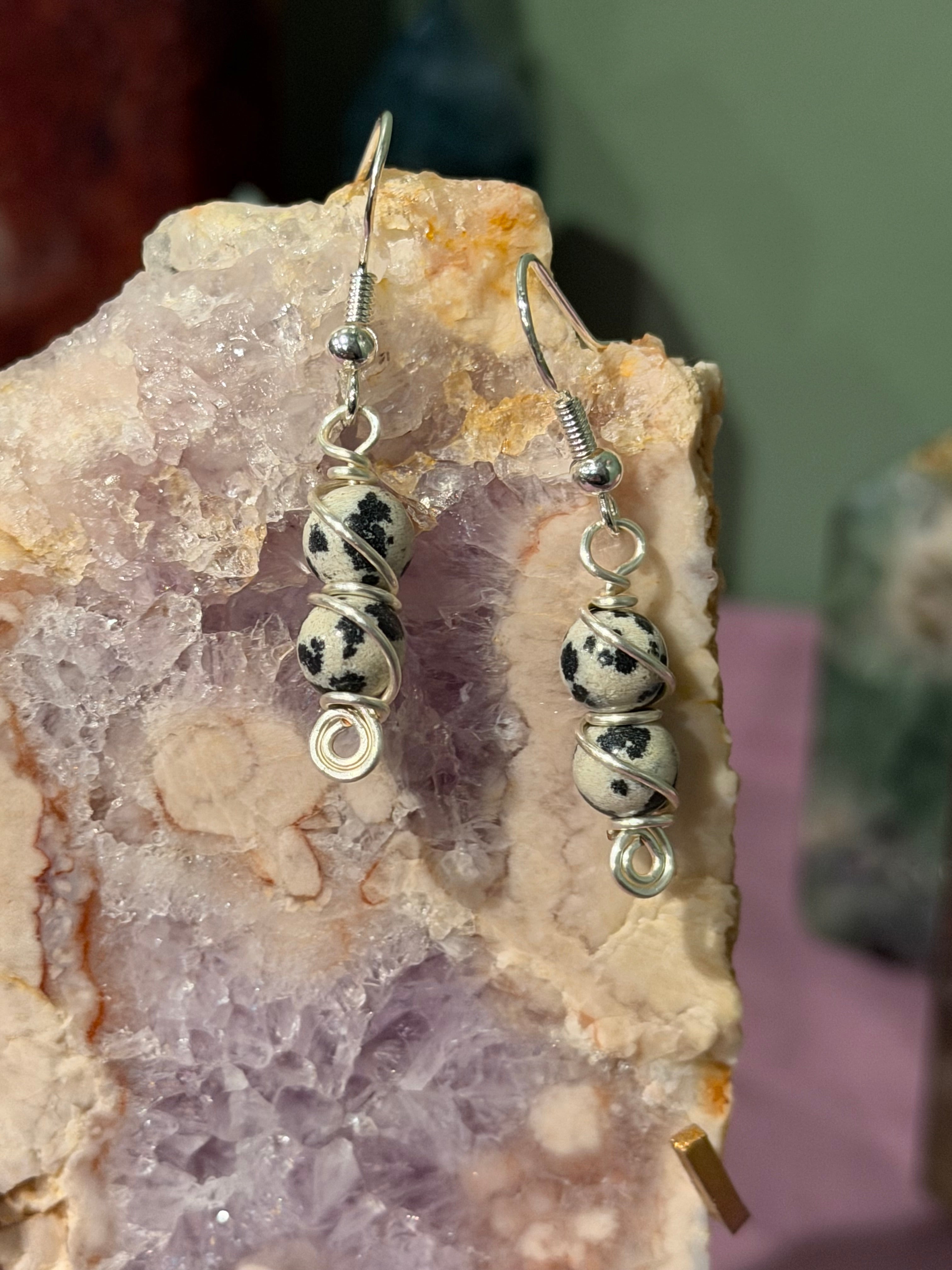 Double Dalmatian Jasper silver-tone copper wire-wrapped earrings
