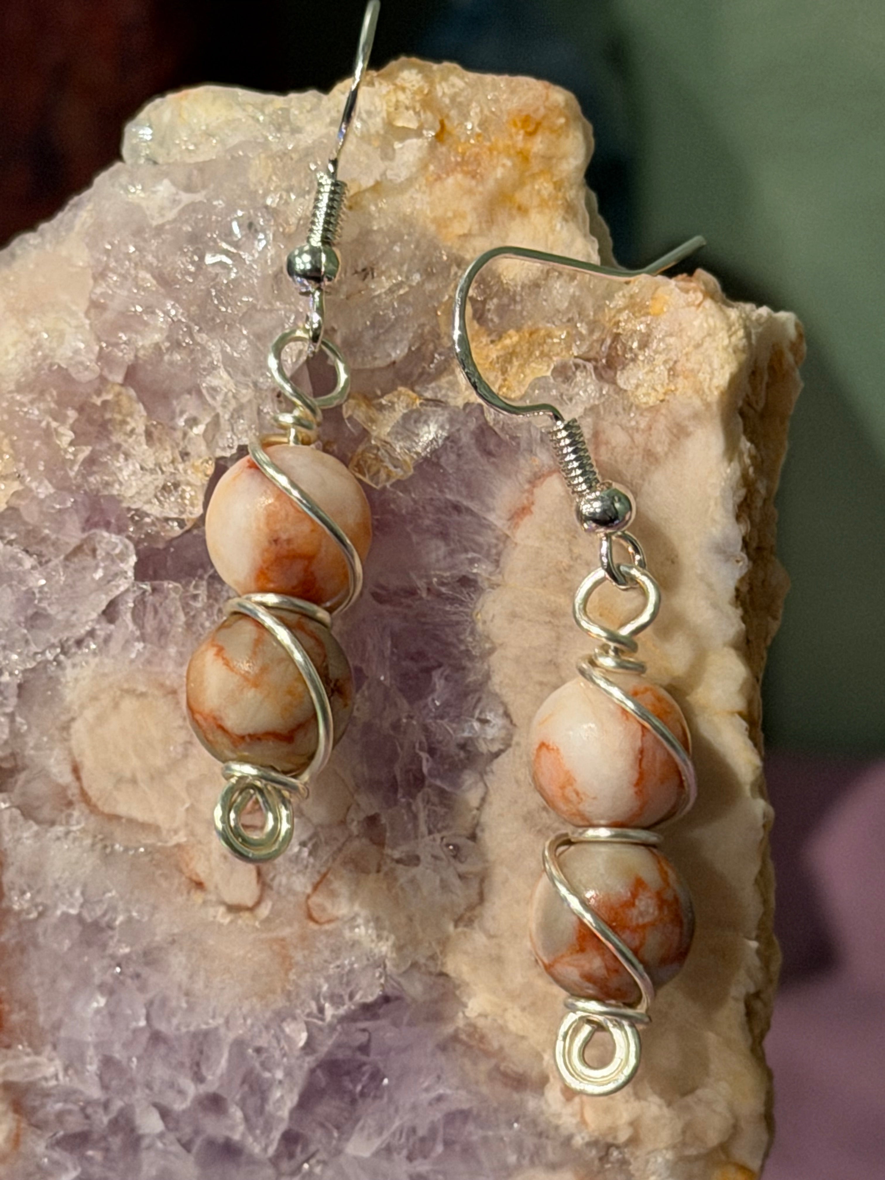 Double Red Network Jasper silver-tone copper wire-wrapped earrings