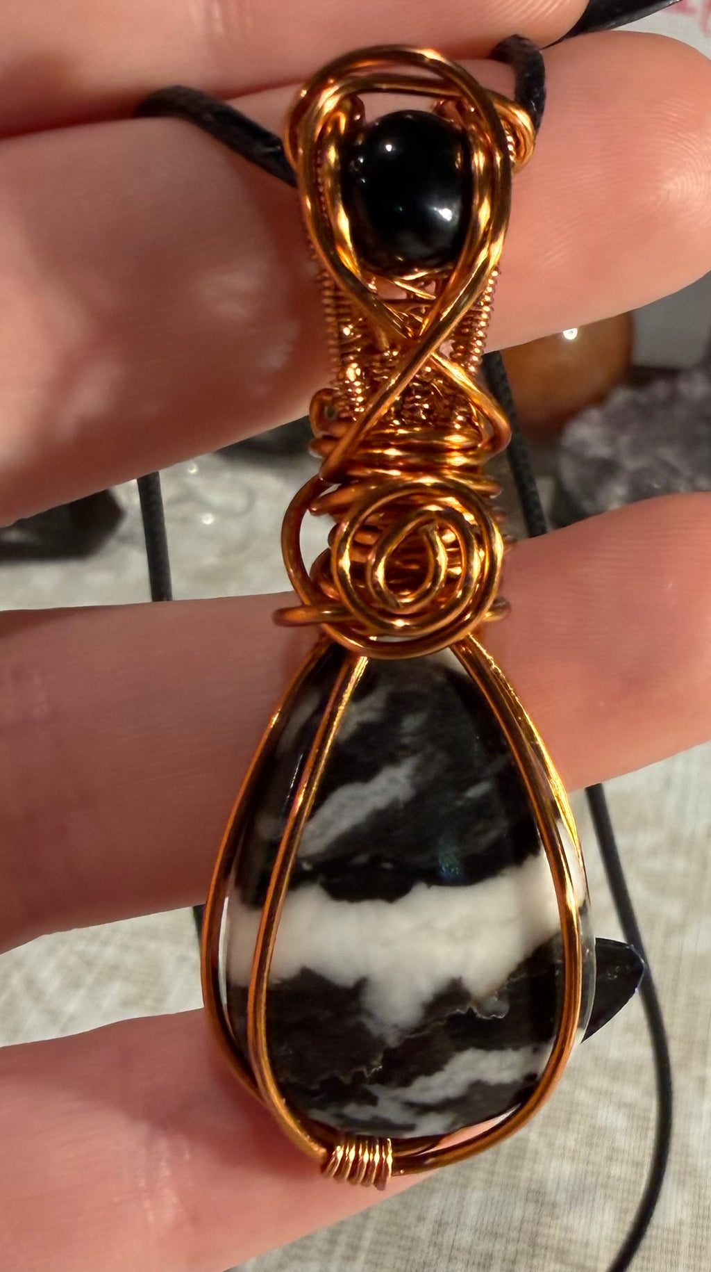 Zebra Jasper & Obsidian copper wire-wrapped pendant