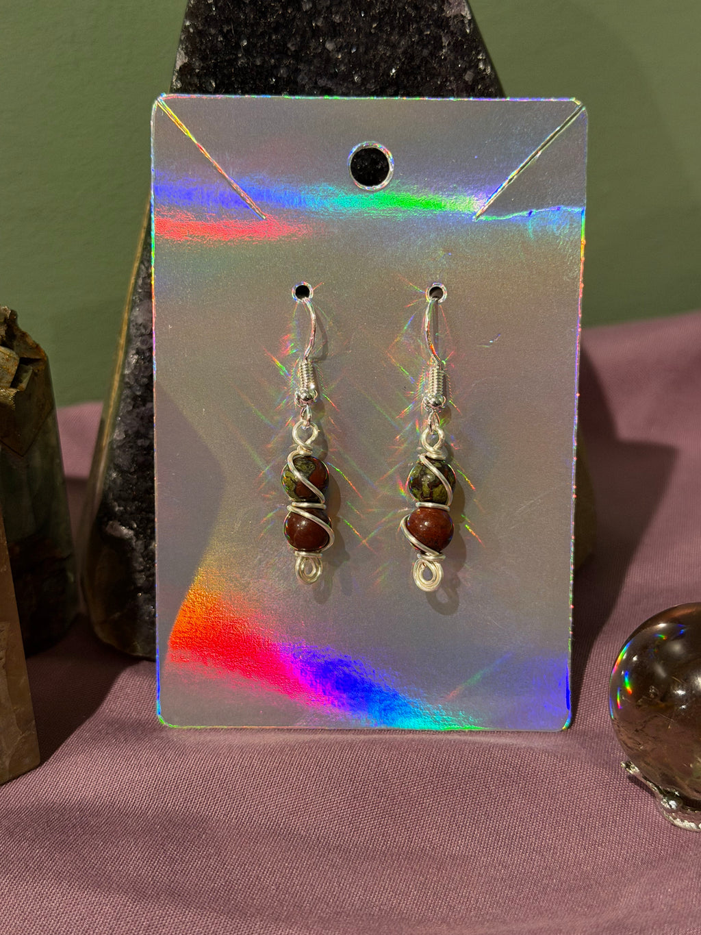 Double Dragon Stone silver-tone copper wire-wrapped earrings