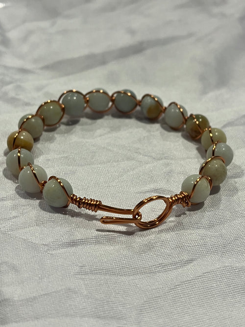 Amazonite 7 inch copper wire-wrapped bracelet