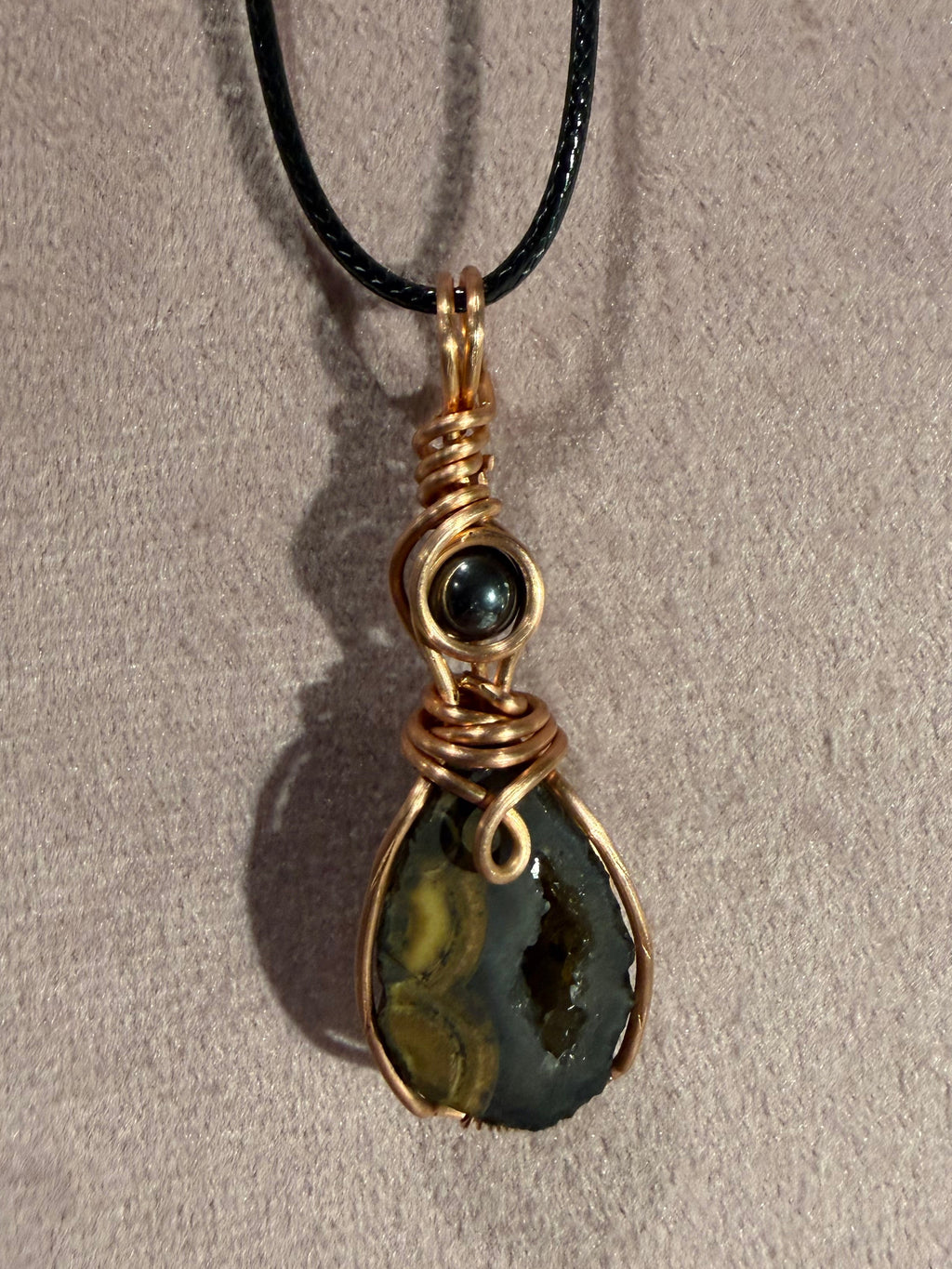 Geode & Hematite copper wire-wrapped pendant