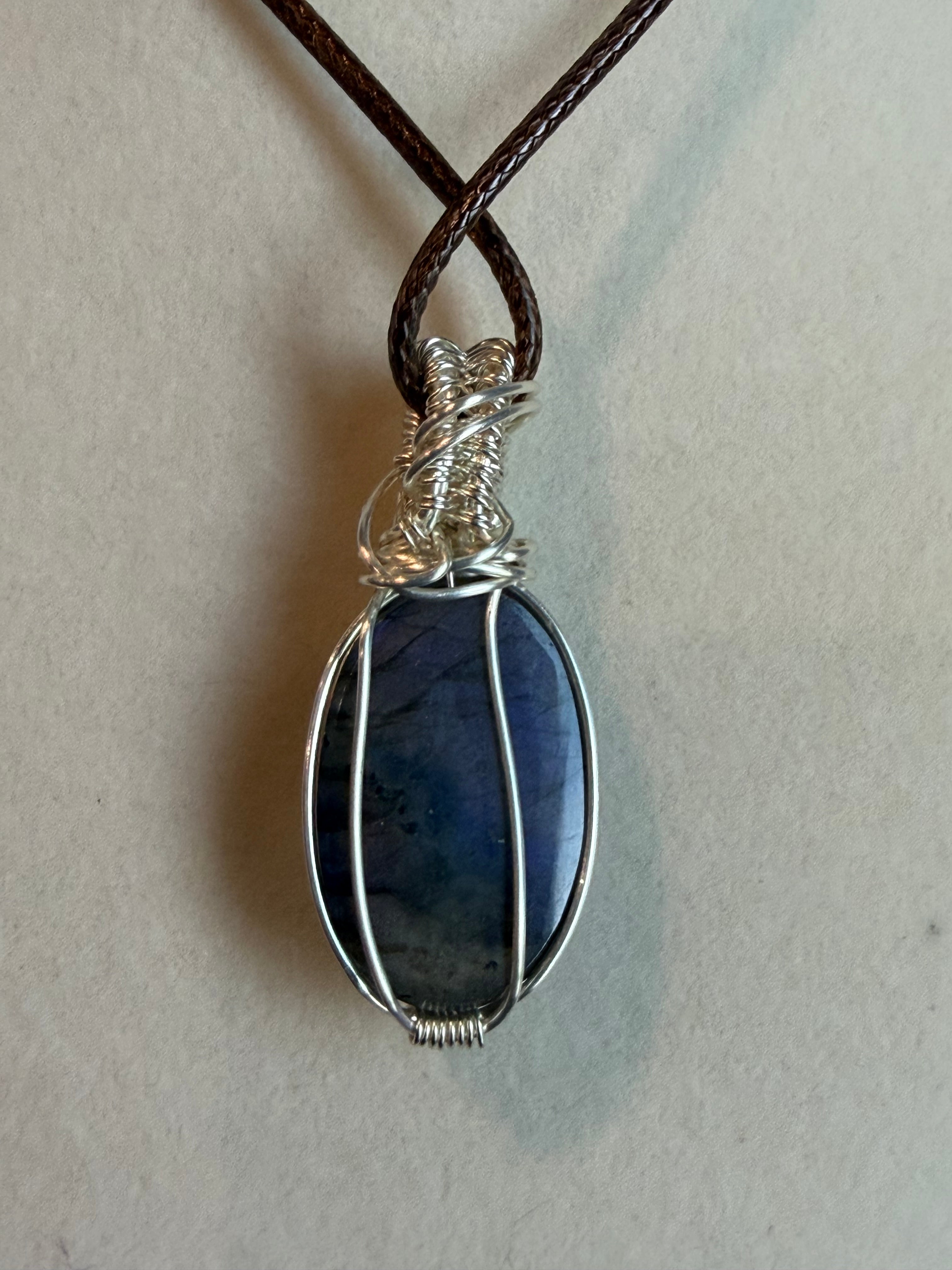 Labradorite silver-tone copper wire-wrapped pendant