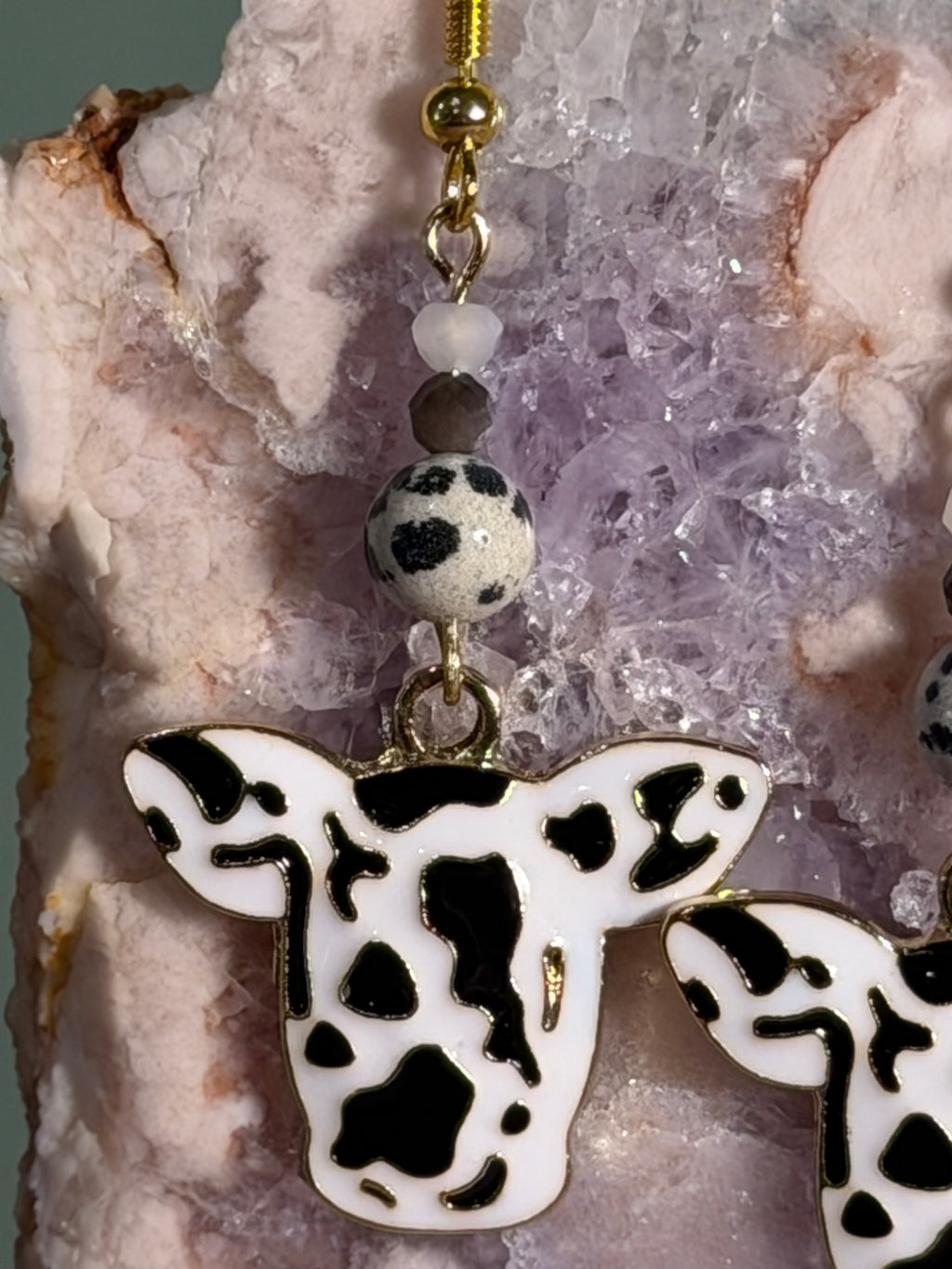 Dalmatian Jasper, Silver Sheen Obsidian & white glass gold-tone cow earrings