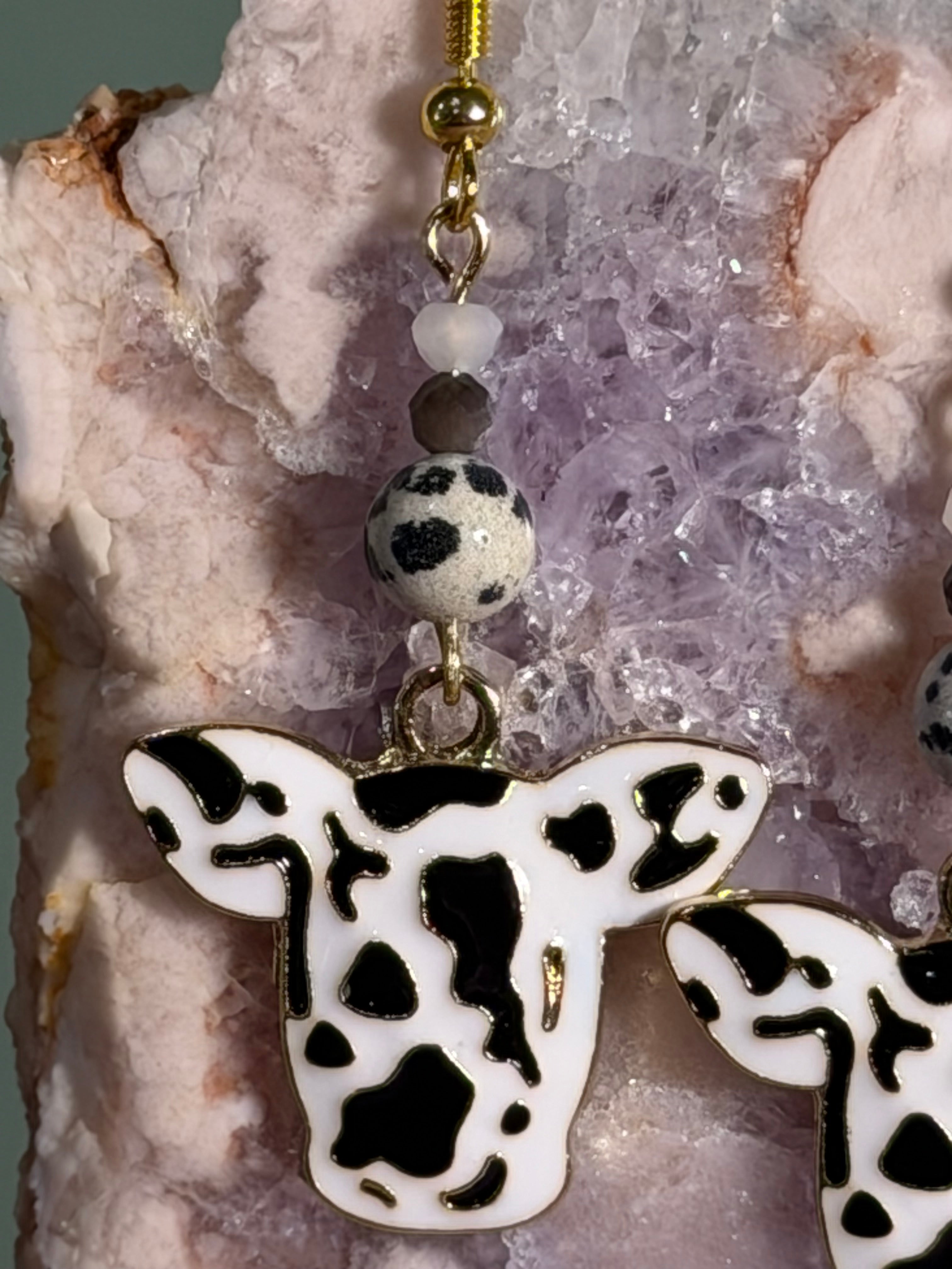 Dalmatian Jasper, Silver Sheen Obsidian & white glass gold-tone cow earrings
