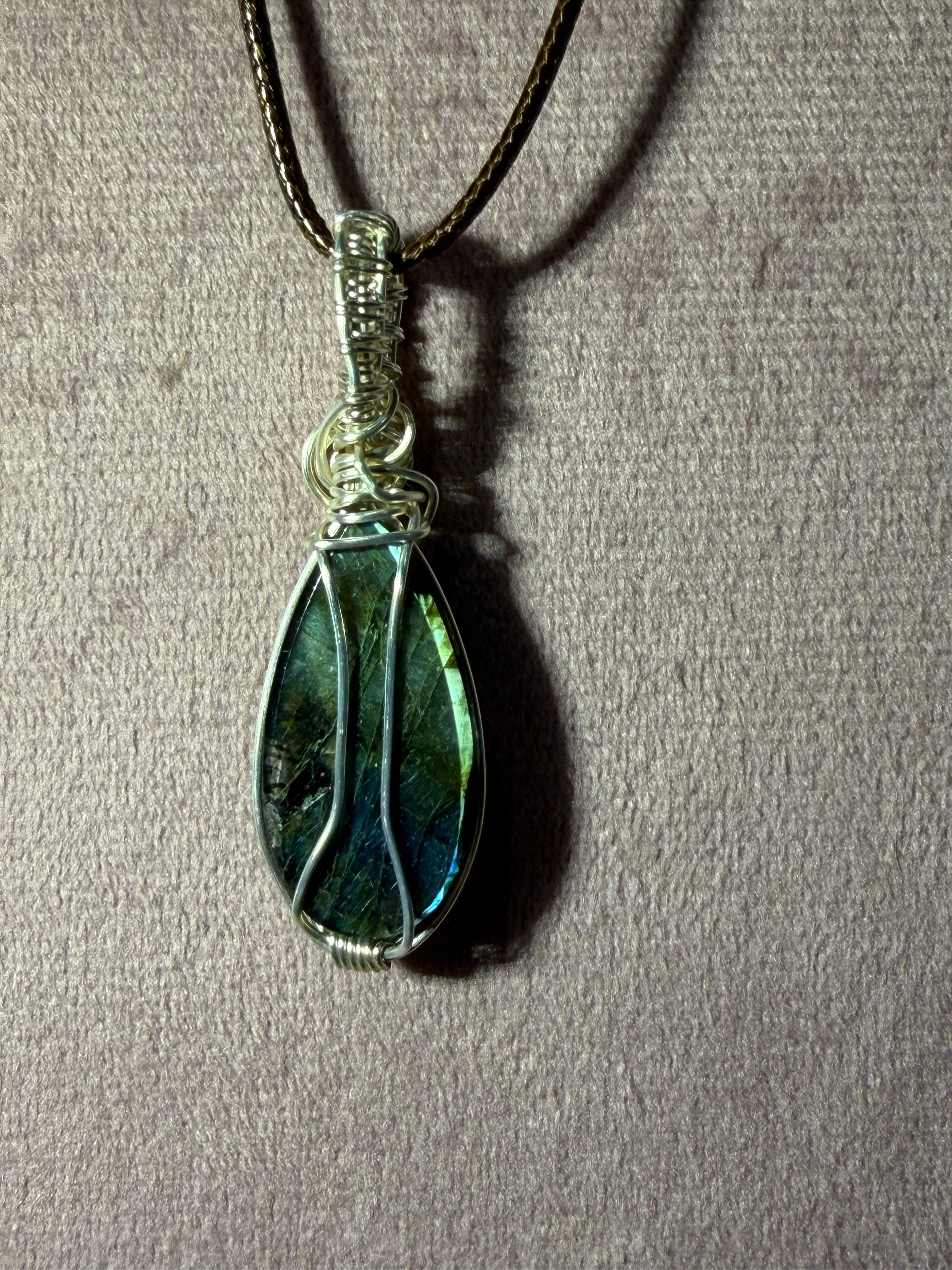 Labradorite silver-tone copper wire-wrapped pendant