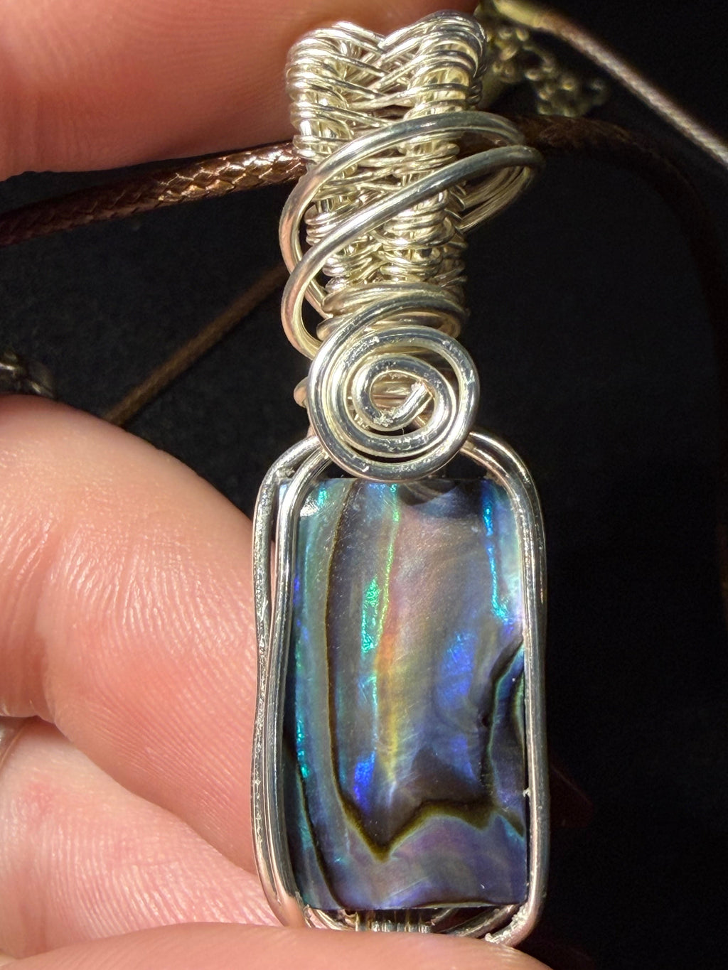 Abalone shell silver-tone copper wire-wrapped pendant