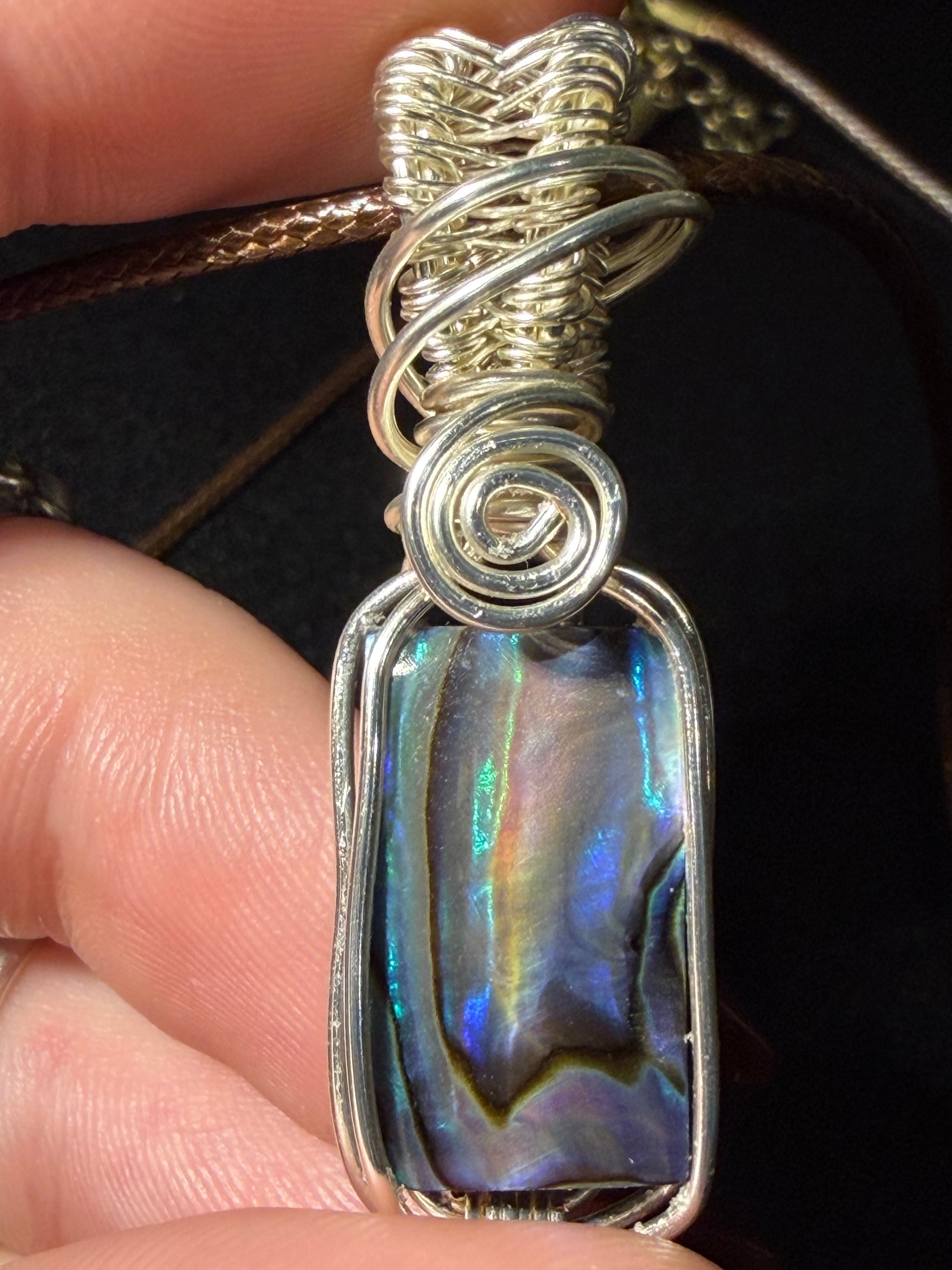 Abalone shell silver-tone copper wire-wrapped pendant