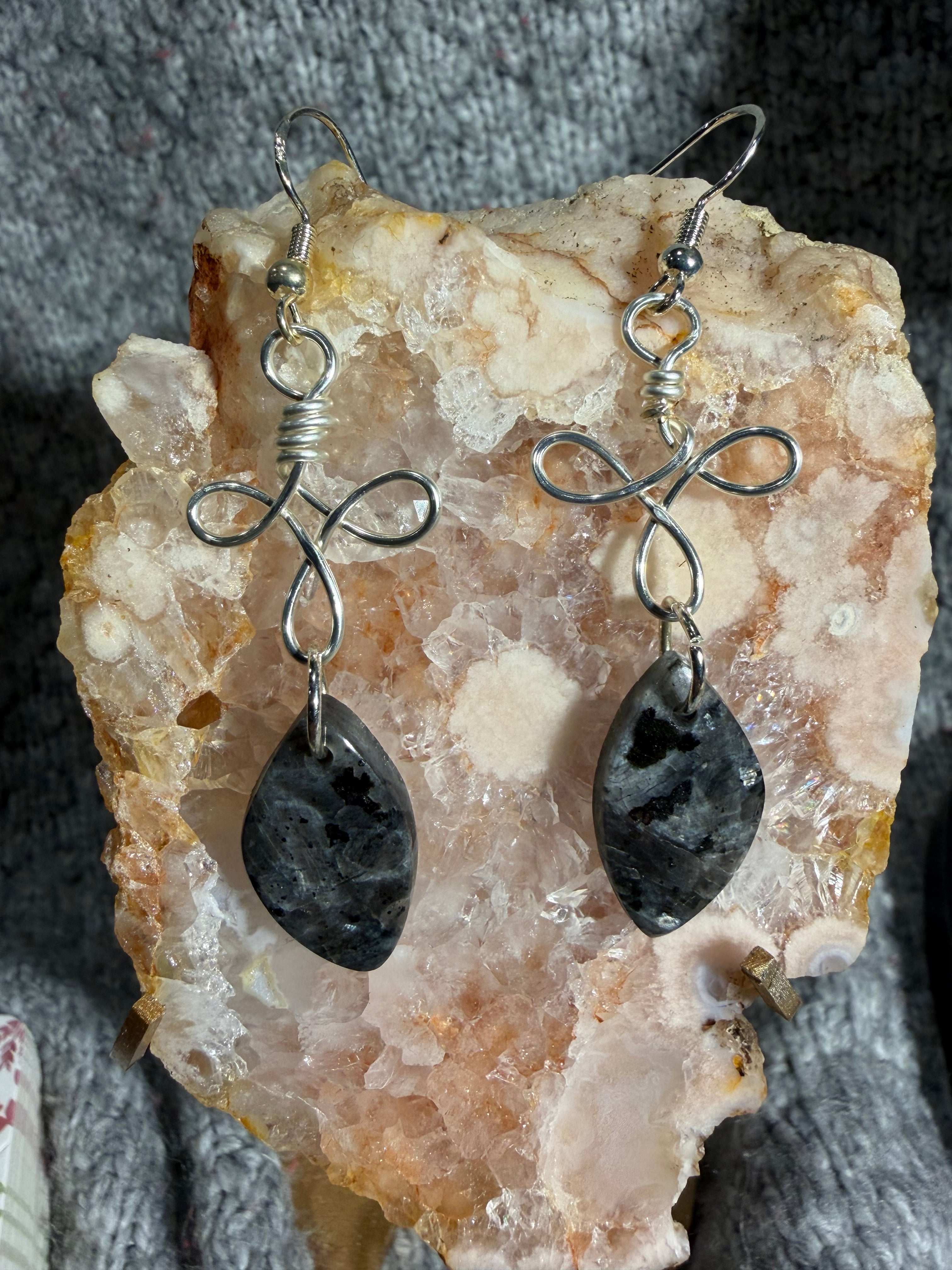 Larvikite dangle silver-tone copper wire-wrapped earrings