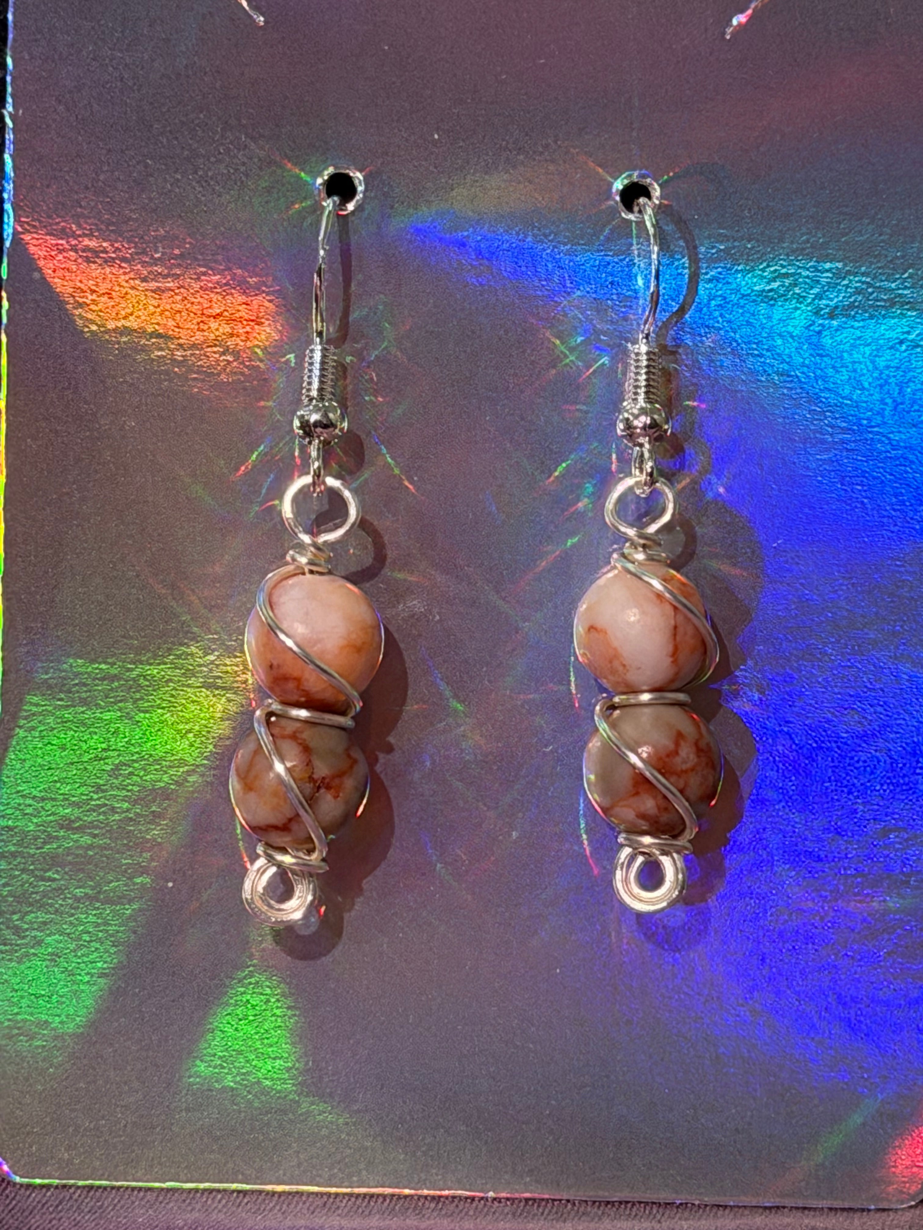 Double Red Network Jasper silver-tone copper wire-wrapped earrings