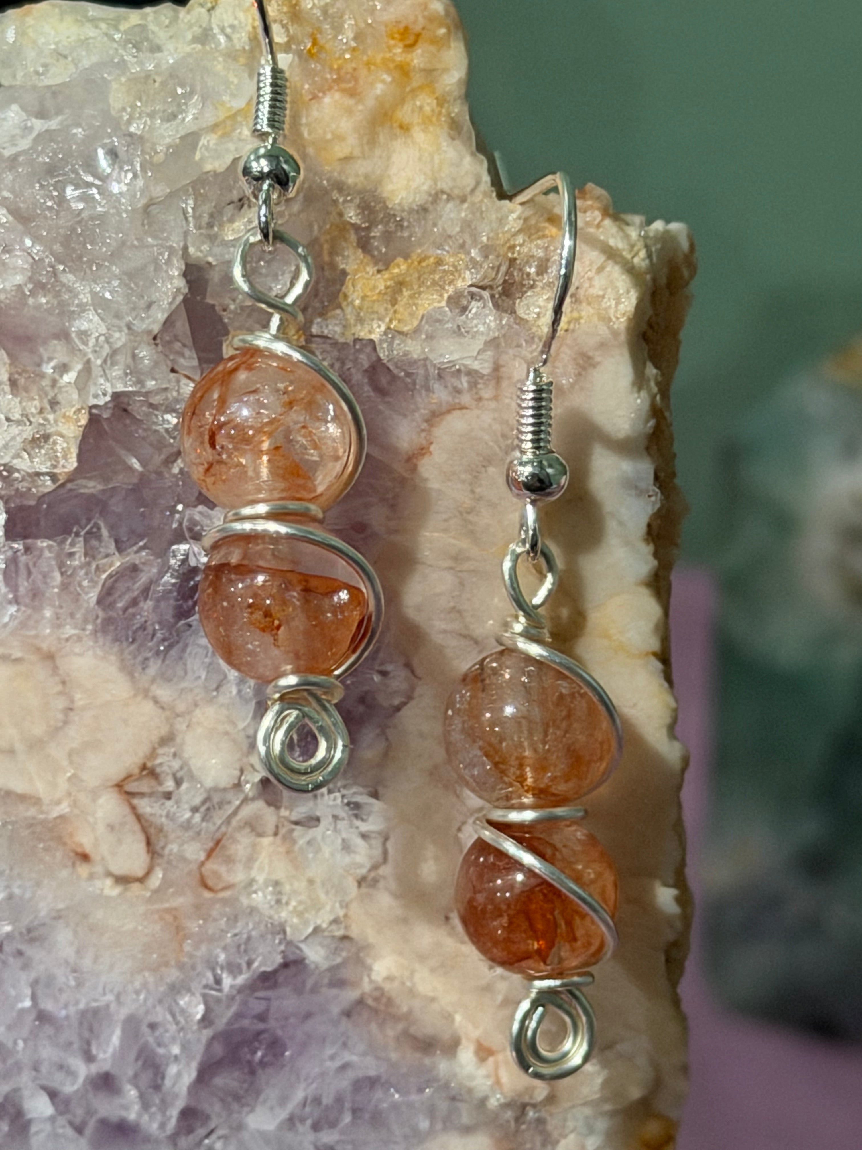 Double Fire Quartz silver-tone copper wire-wrapped earrings