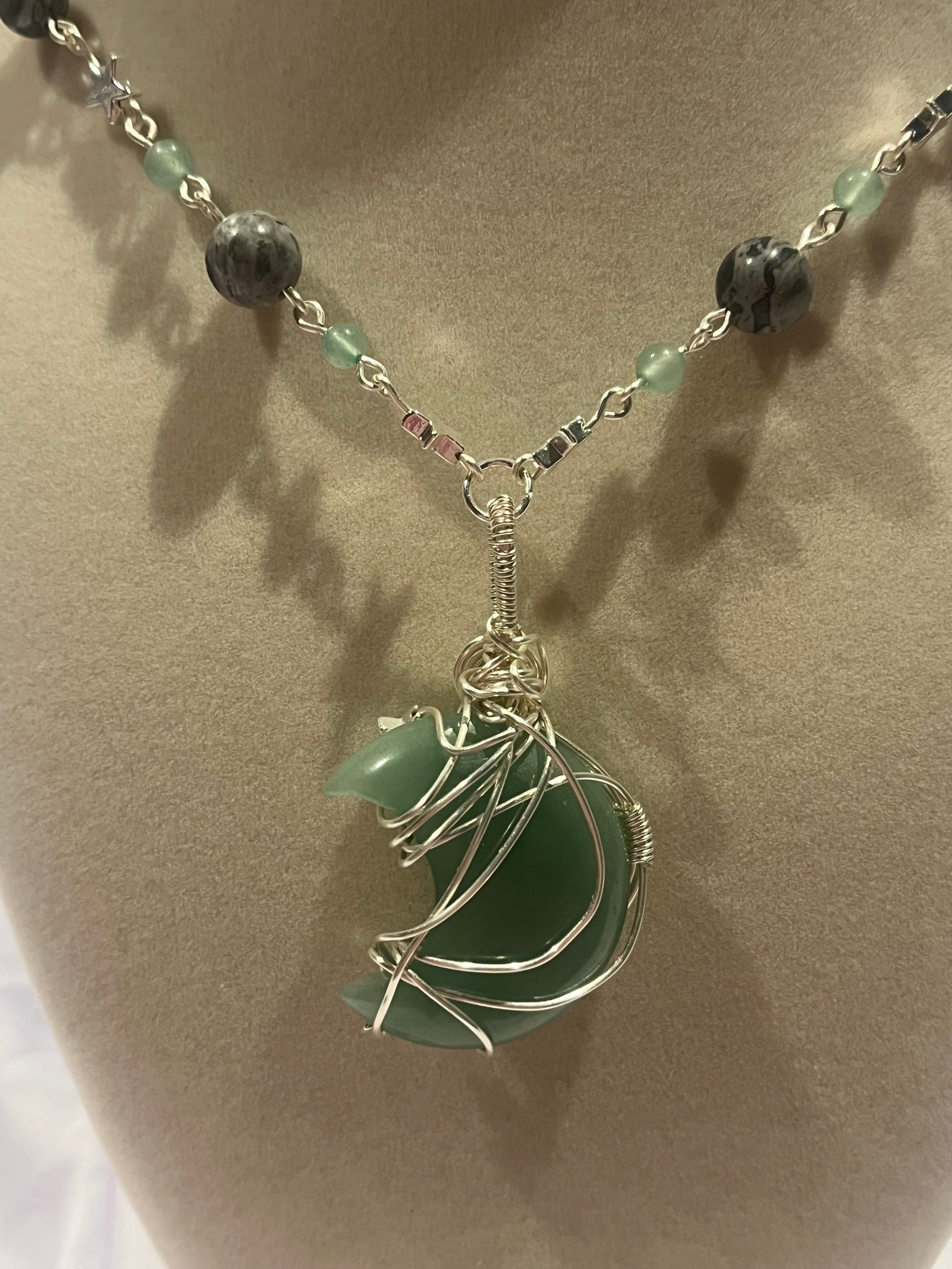 Green Aventurine moon silver-tone copper wire wrapped pendant beaded necklace