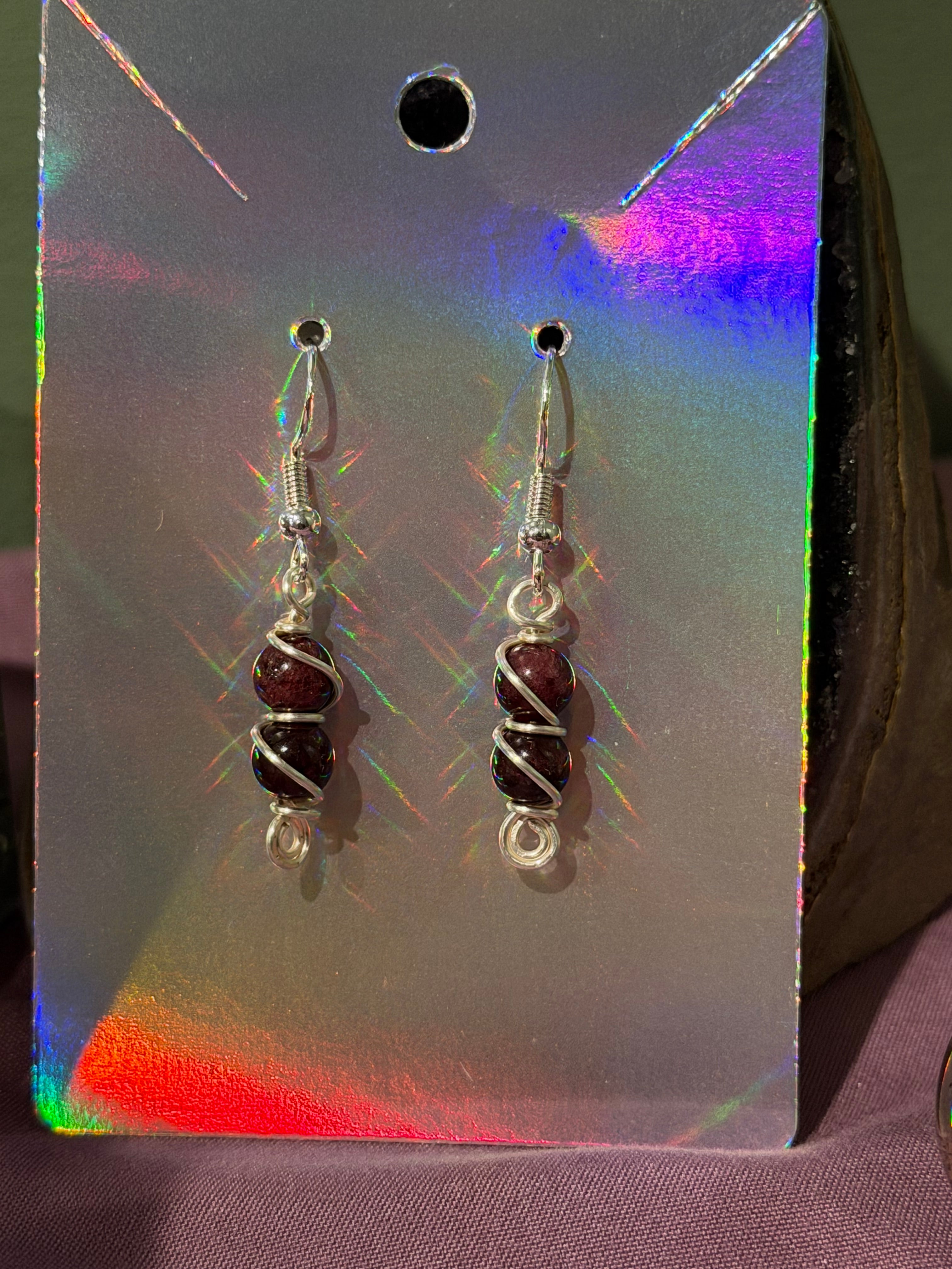 Double Garnet silver-tone copper wire-wrapped earrings