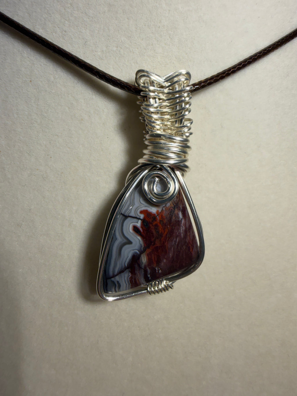 Mexican Crazy Lace Agate silver-tone copper wire-wrapped pendant