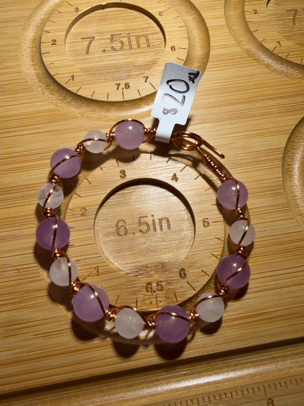 Kunzite & Rose Quartz 6.5 inch copper wire-wrapped bracelet