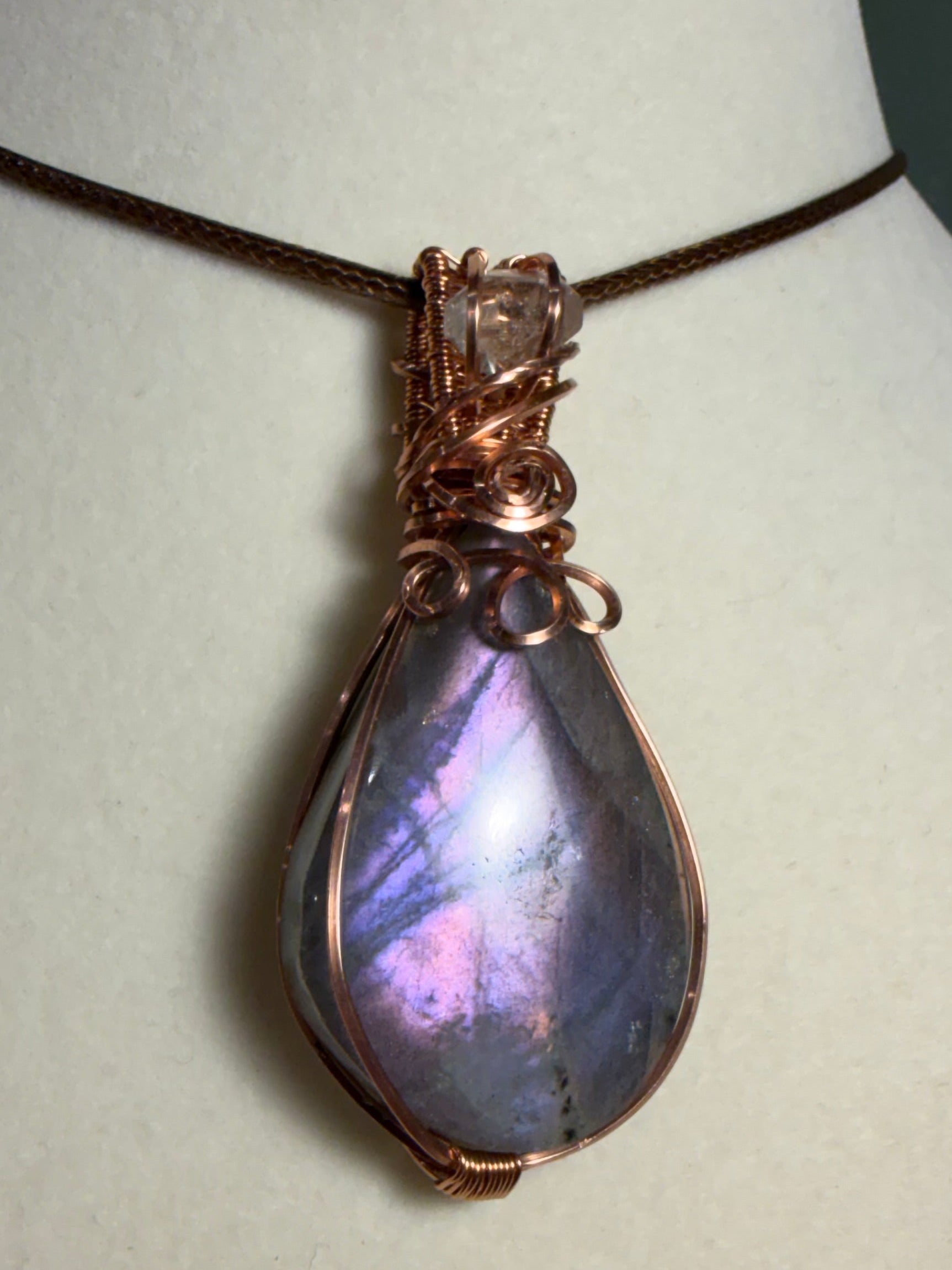 Purple flash Labradorite & Herkimer Diamond copper wire-wrapped pendant