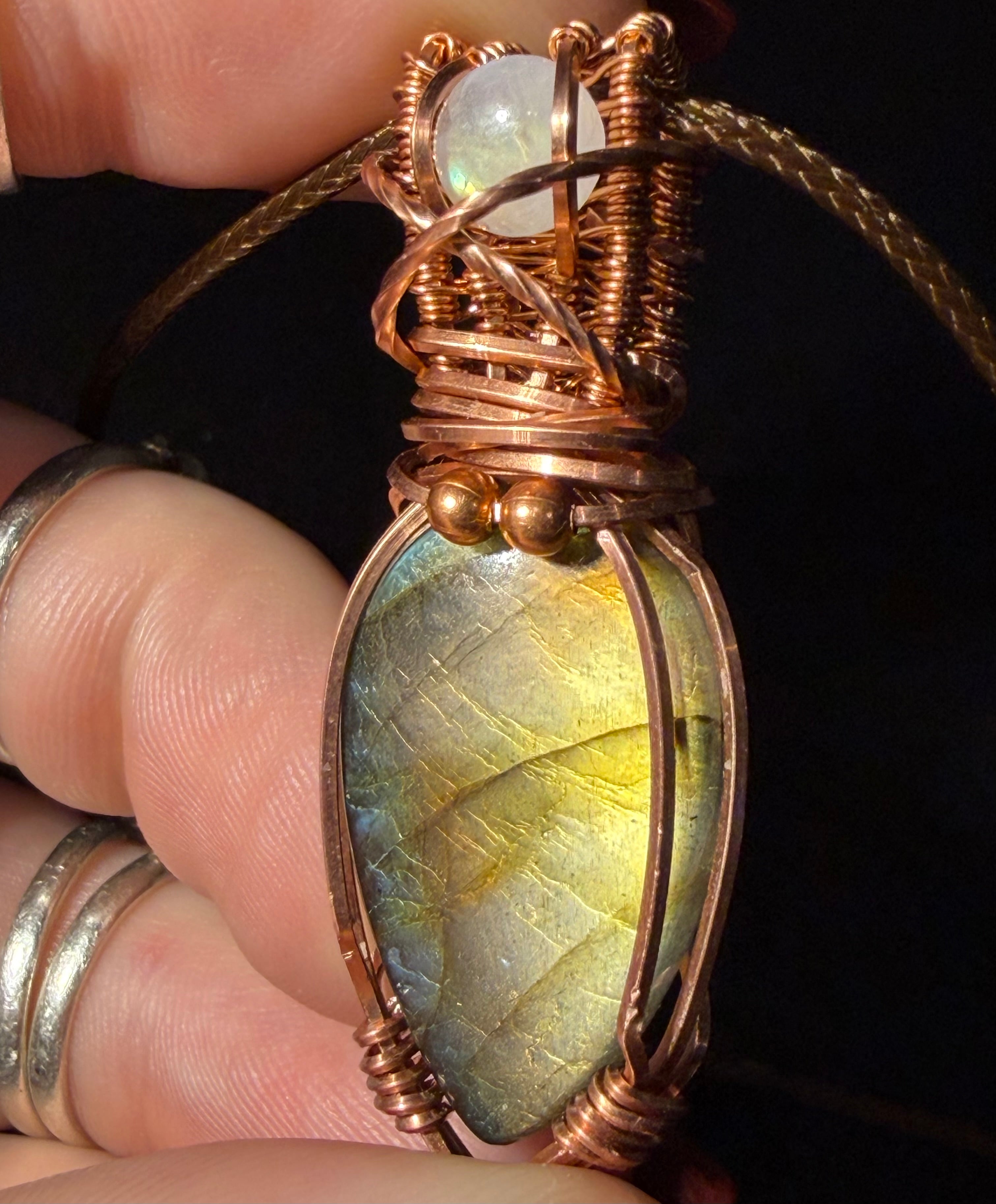 Labradorite & Moonstone copper wire-wrapped pendant
