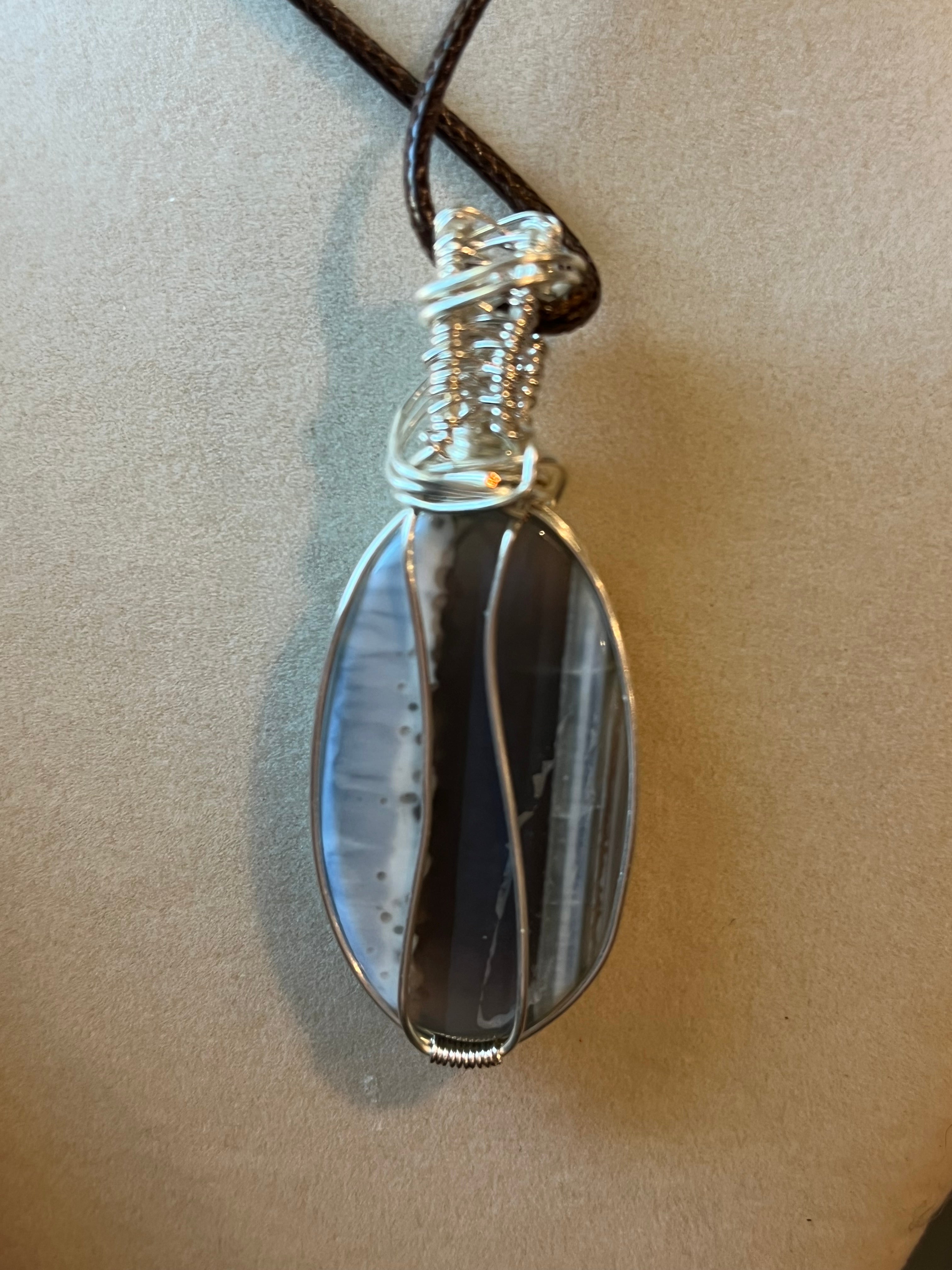 Blue Opal silver-tone copper wire-wrapped pendant