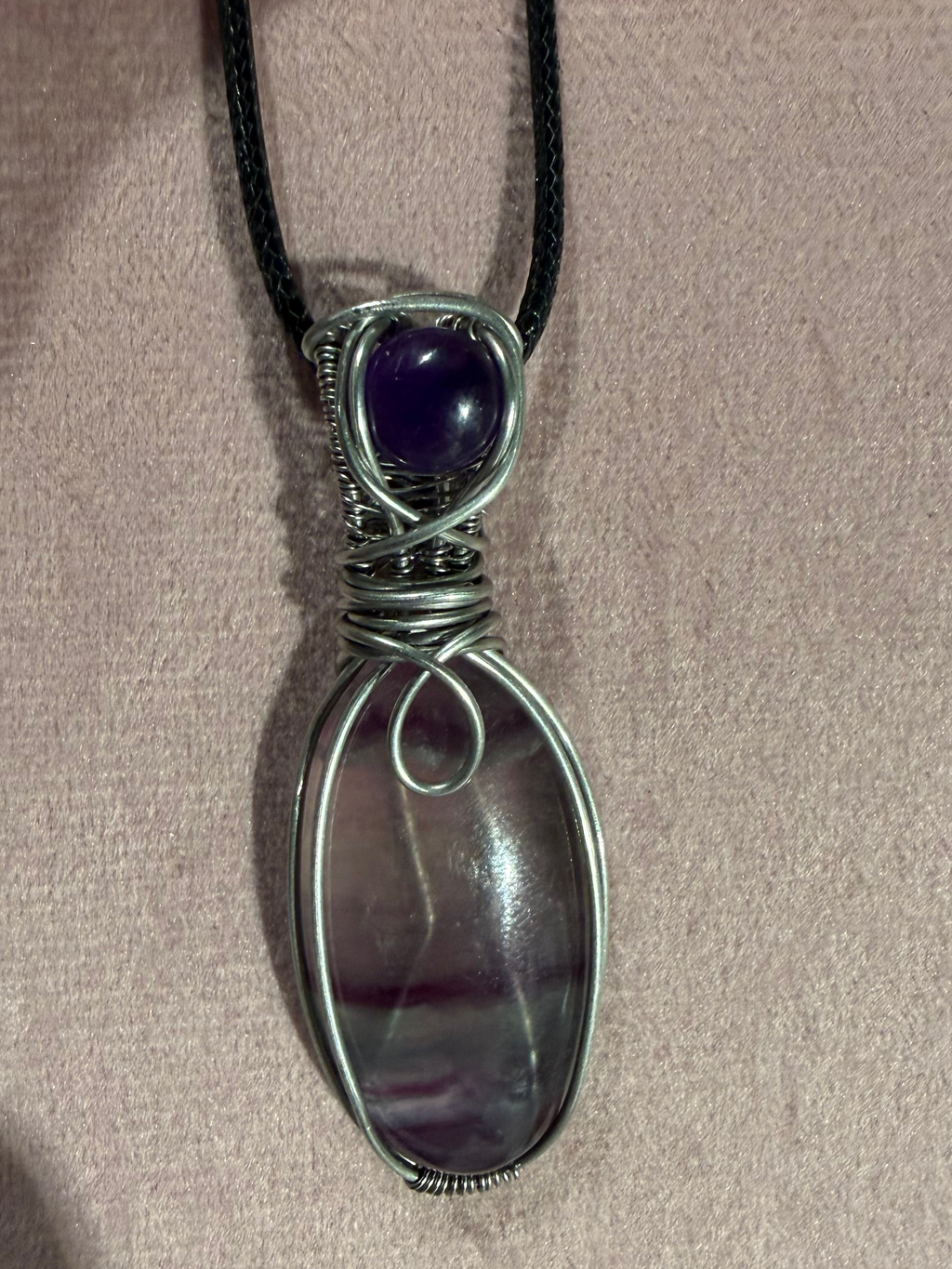 Fluorite & Amethyst stainless steel wire-wrapped pendant