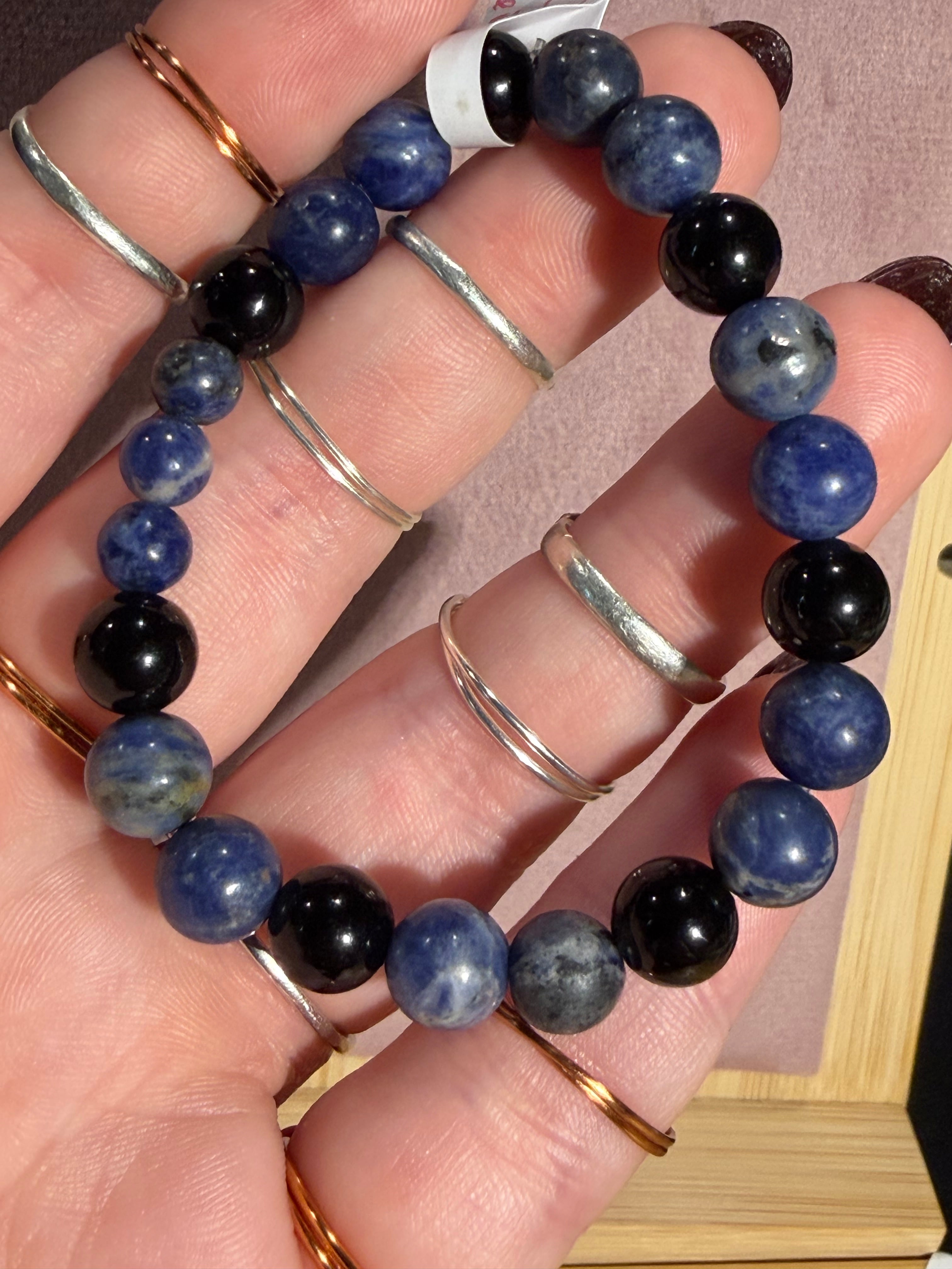 Sodalite & Obsidian 6 inch beaded stretchy bracelet