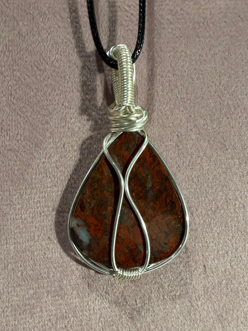 Jaspellite silver-tone copper wire-wrapped pendant