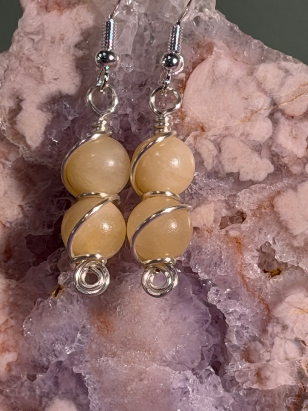 Double Yellow Calcite silver-tone copper wire-wrapped earrings