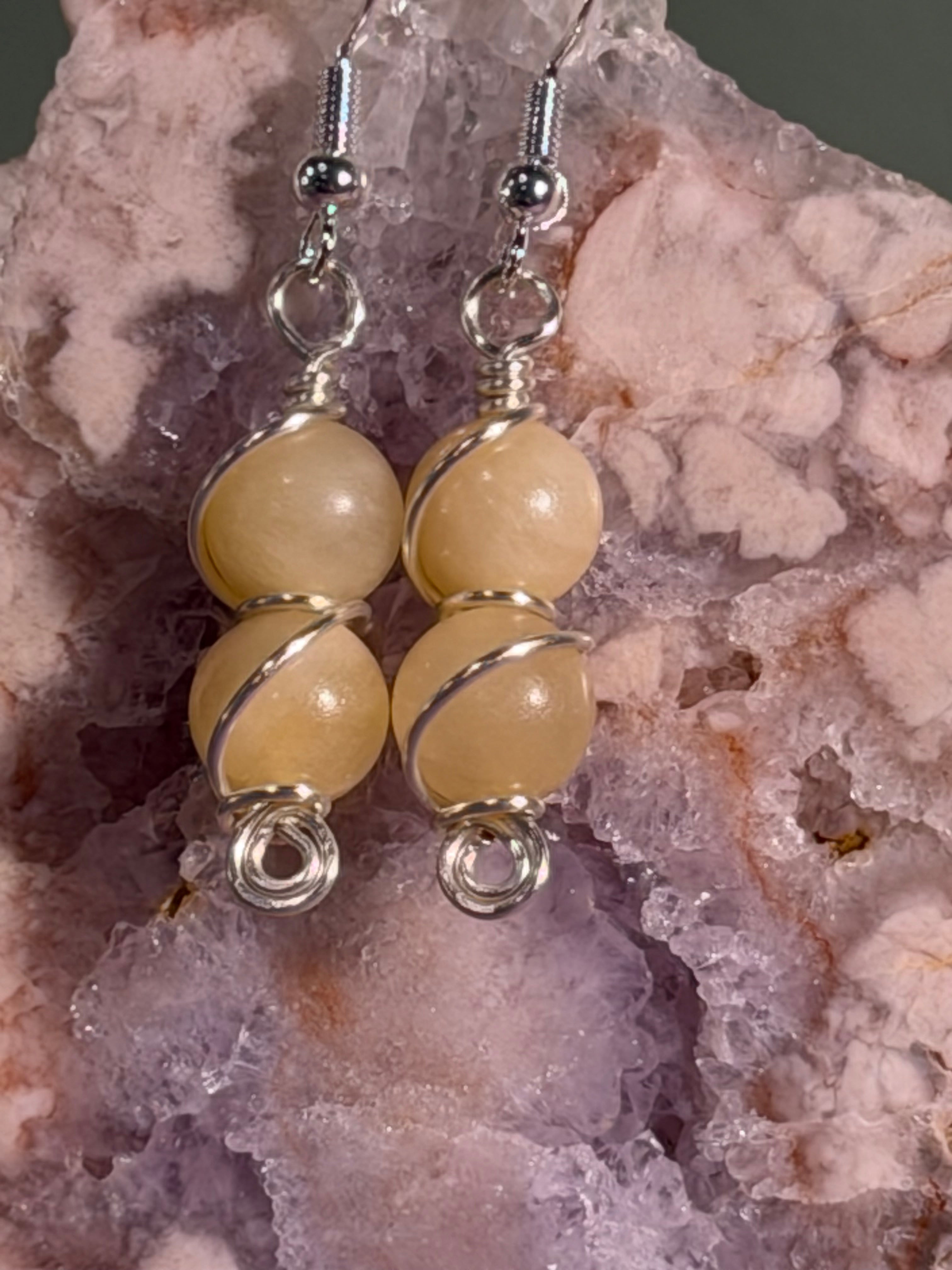 Double Yellow Calcite silver-tone copper wire-wrapped earrings