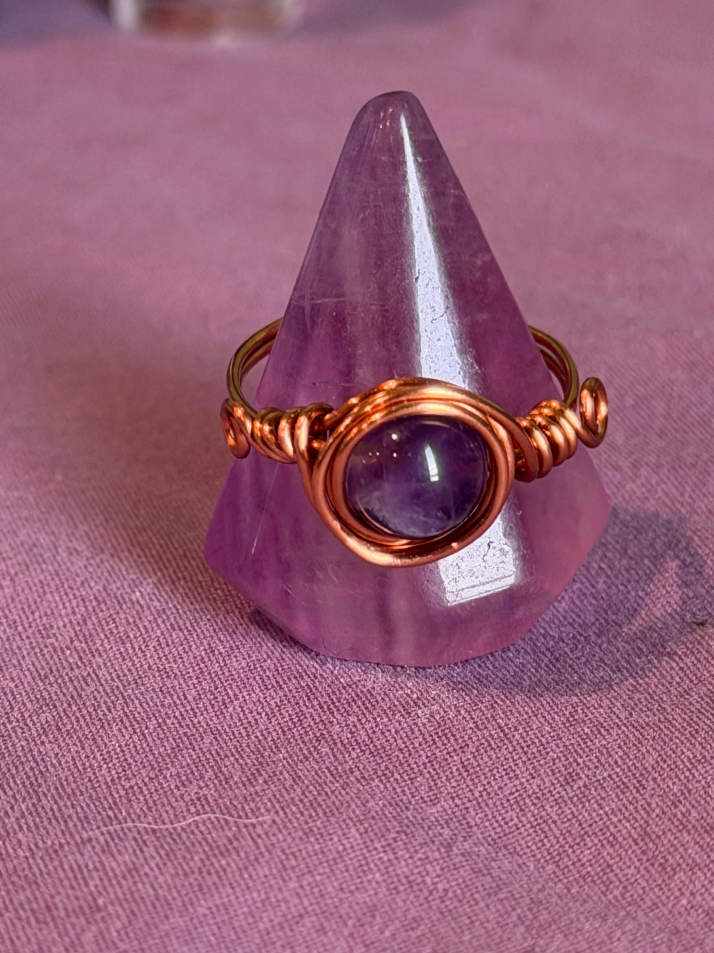 Amethyst size 9 copper wire-wrapped ring