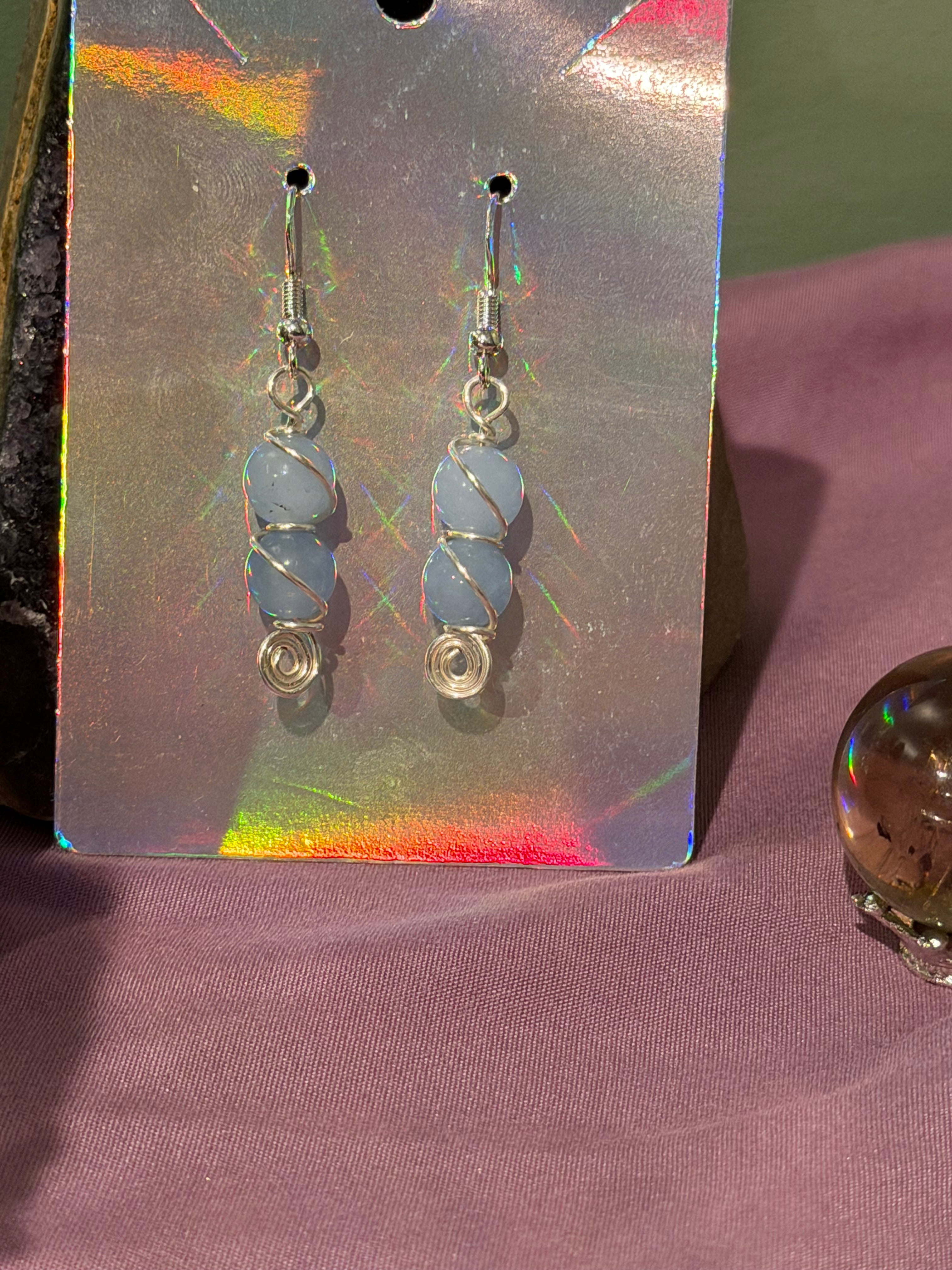 Double Aquamarine silver-tone copper wire-wrapped earrings