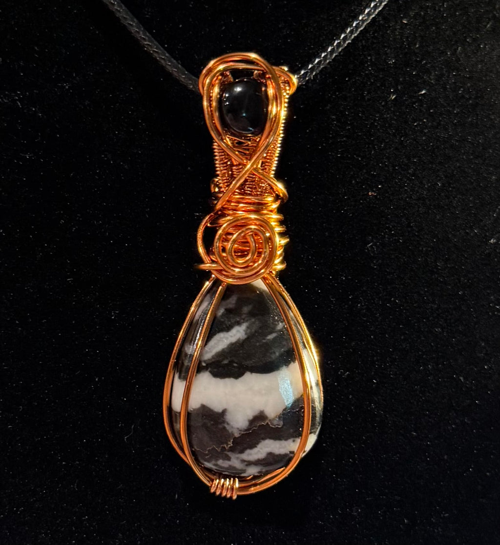 Zebra Jasper & Obsidian copper wire-wrapped pendant