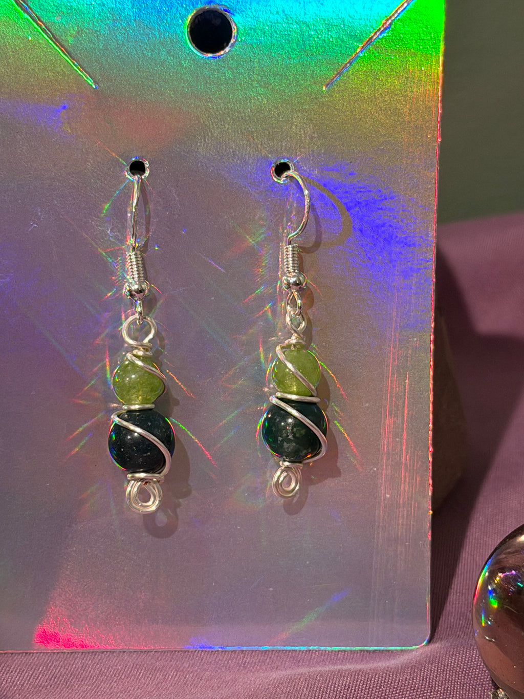 Peridot & Moss Agate silver-tone copper wire-wrapped earrings