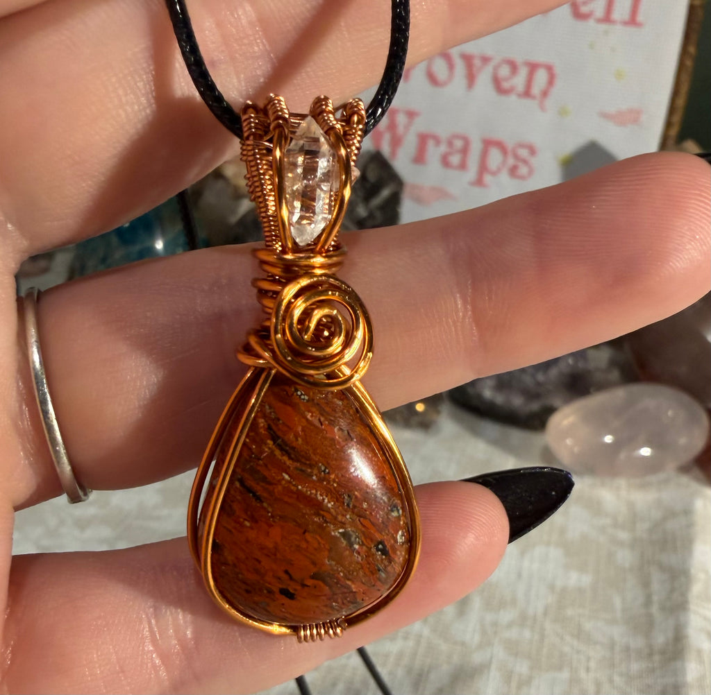 Red Brecciated Jasper & Herkimer Diamond copper wire-wrapped pendant