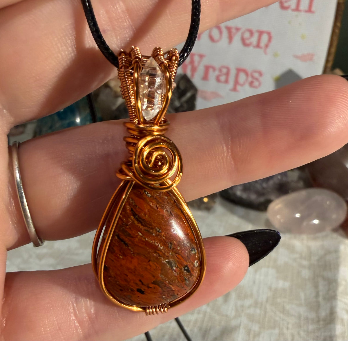 Red Brecciated Jasper & Herkimer Diamond copper wire-wrapped pendant