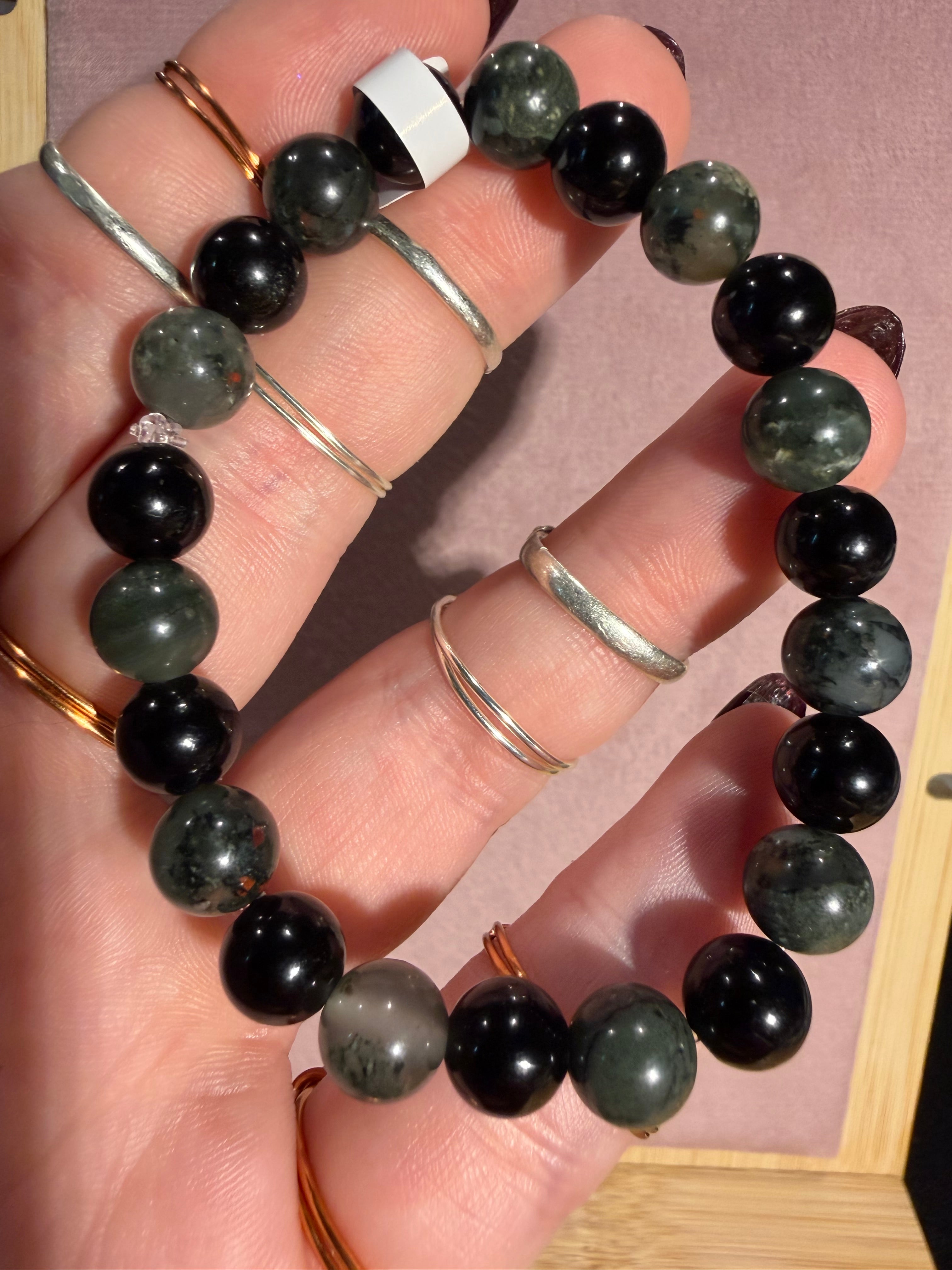 African Bloodstone & Obsidian 6 inch beaded stretchy bracelet