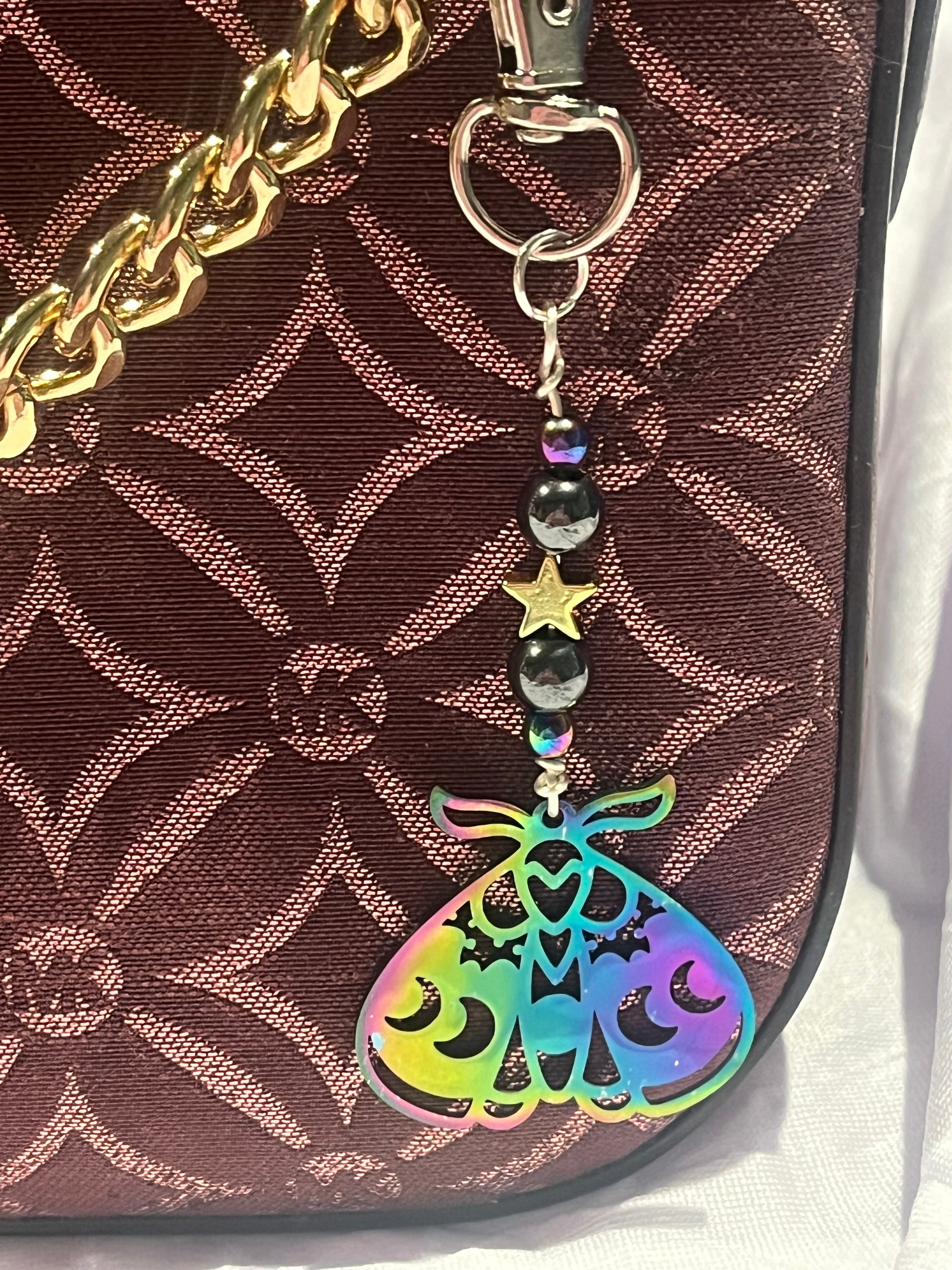 Multicolor moth silver-tone keychain/ purse charm with Hematite and star beads