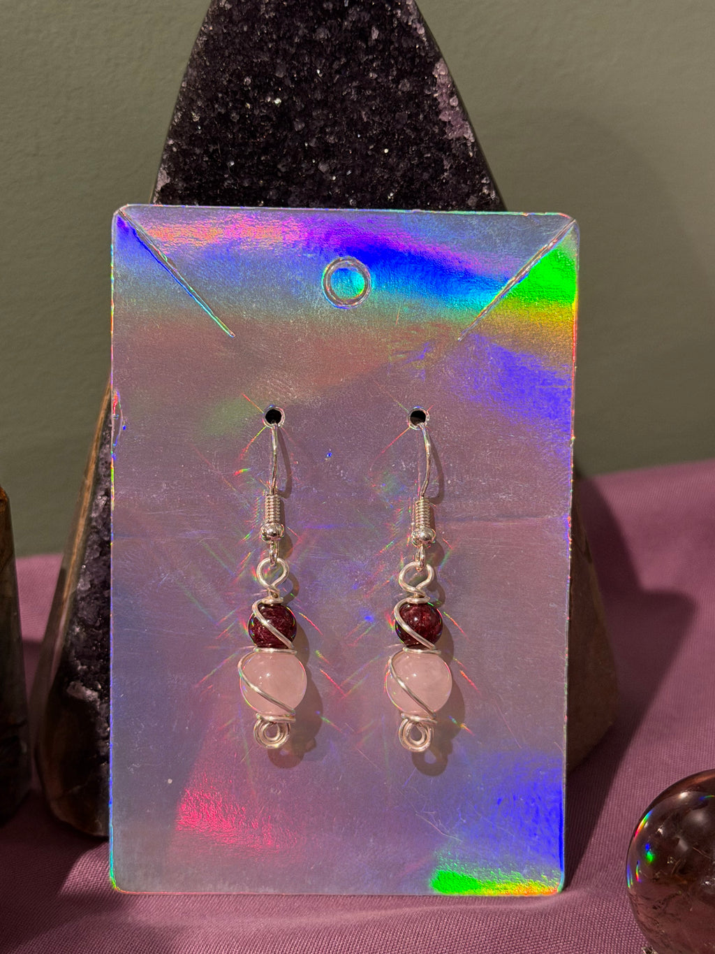 Garnet & Rose Quartz silver-tone copper wire-wrapped earrings