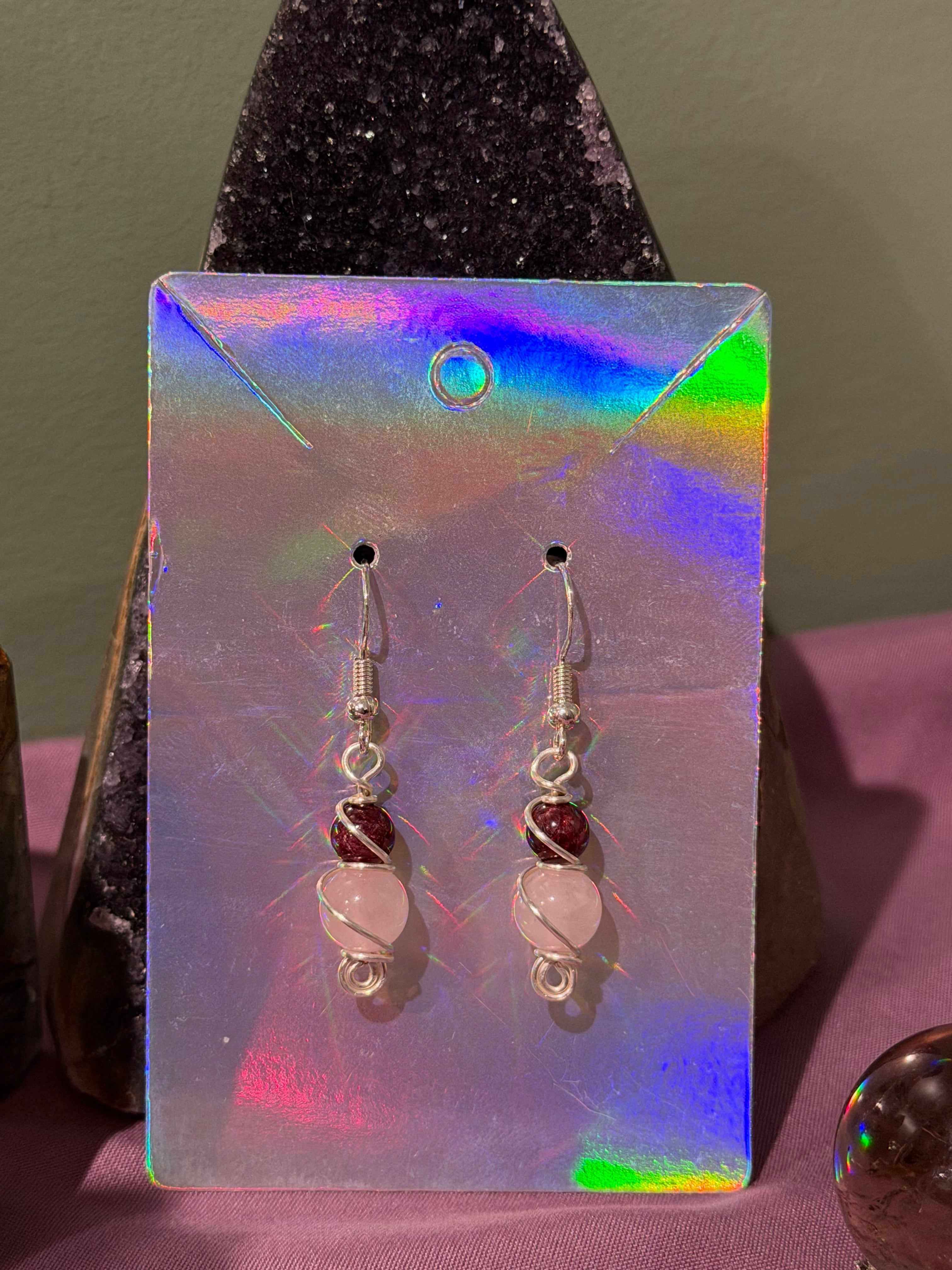 Garnet & Rose Quartz silver-tone copper wire-wrapped earrings
