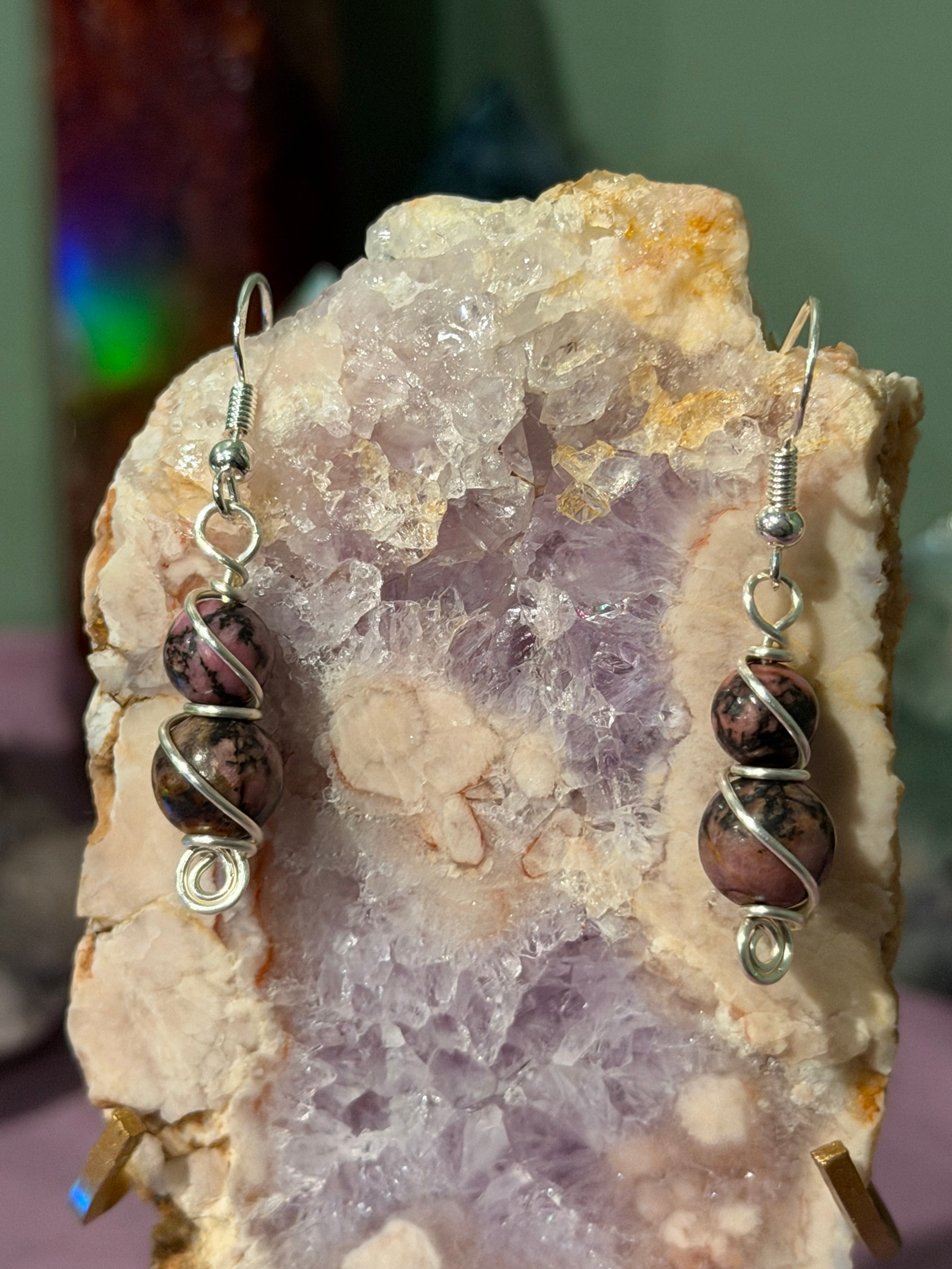 Double Rhodonite silver-tone copper wire-wrapped earrings