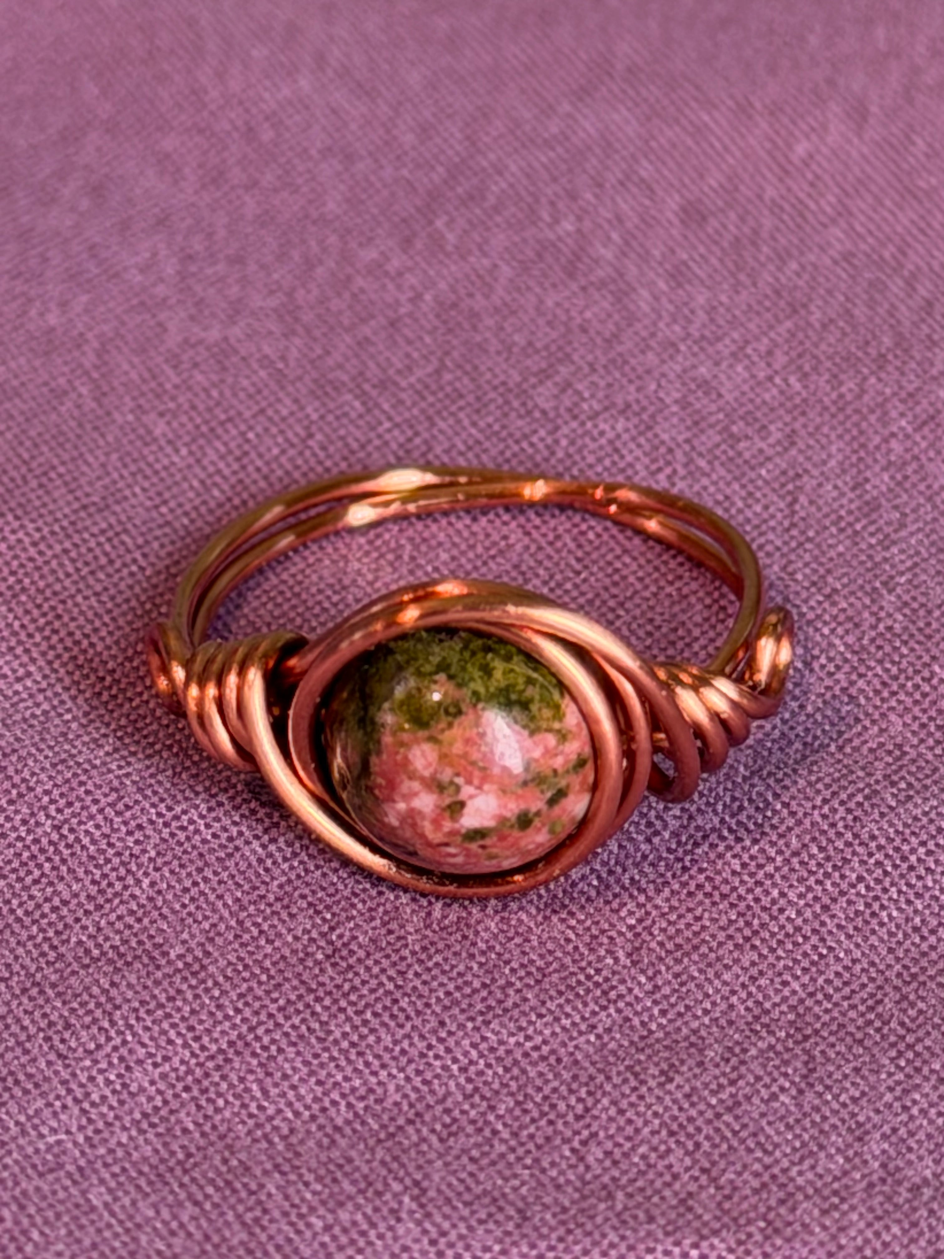 Unakite size 6 copper wire-wrapped ring