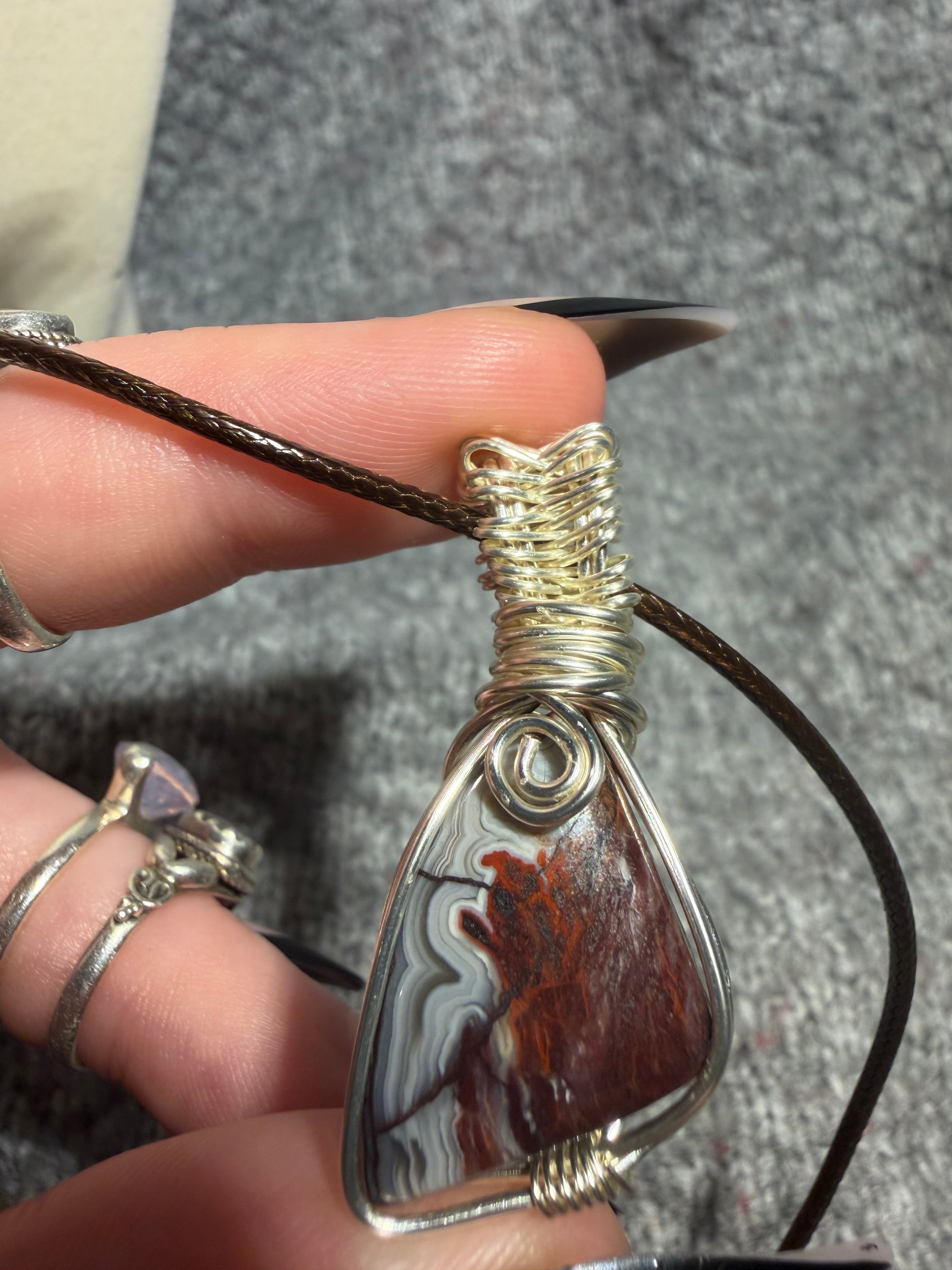 Mexican Crazy Lace Agate silver-tone copper wire-wrapped pendant