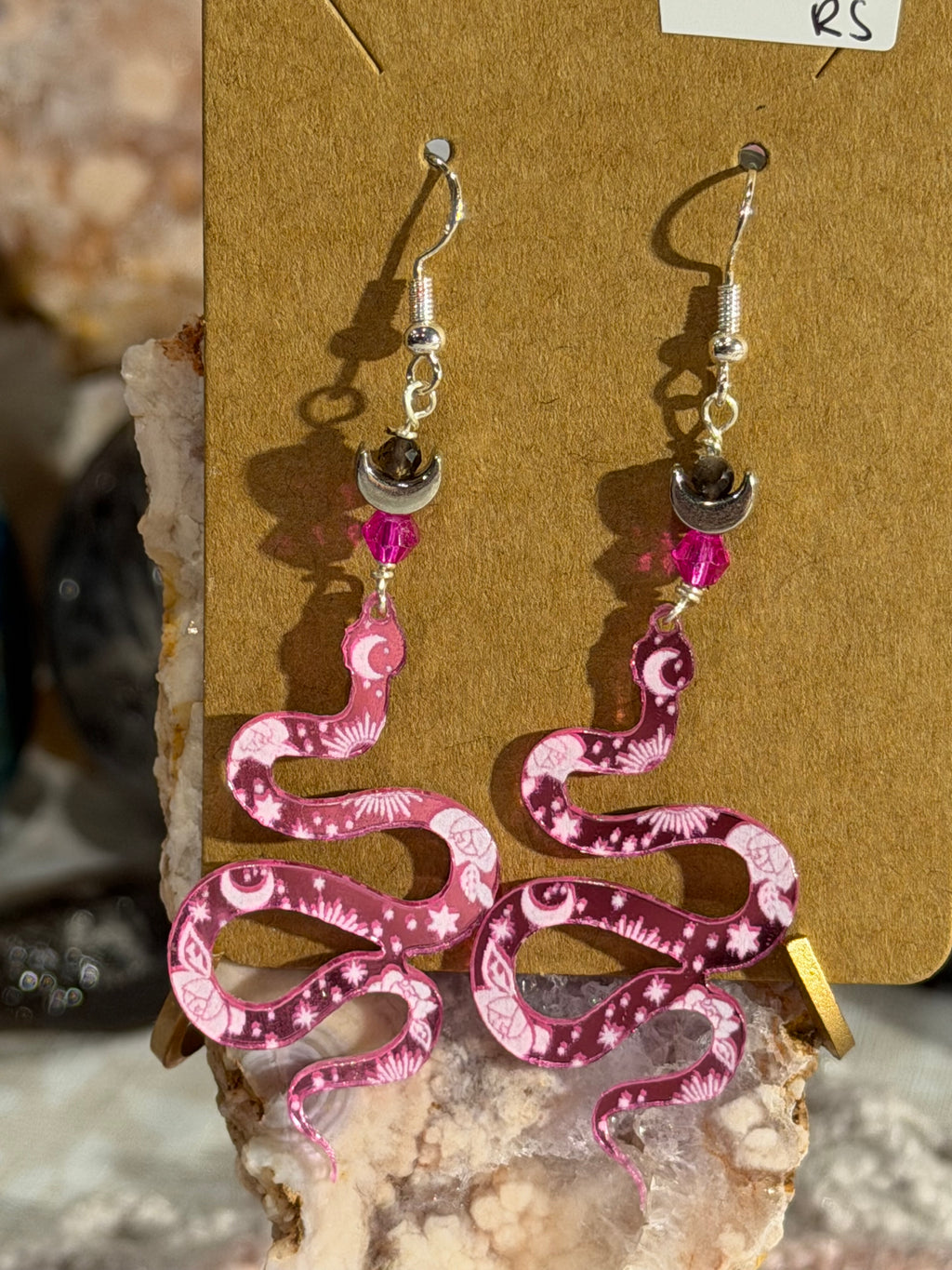 silver sheen Obsidian beaded pink snake earrings