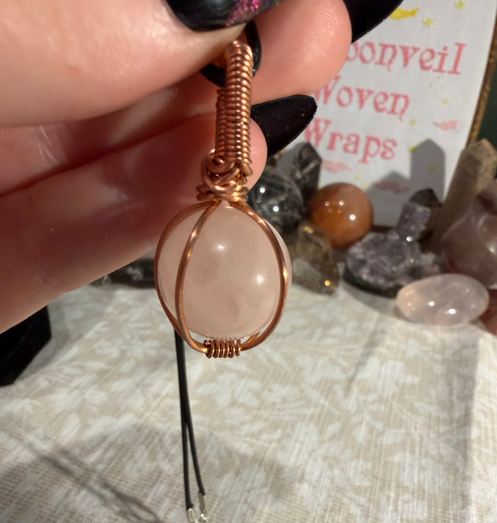 Rose Quartz mini sphere copper wire-wrapped pendant