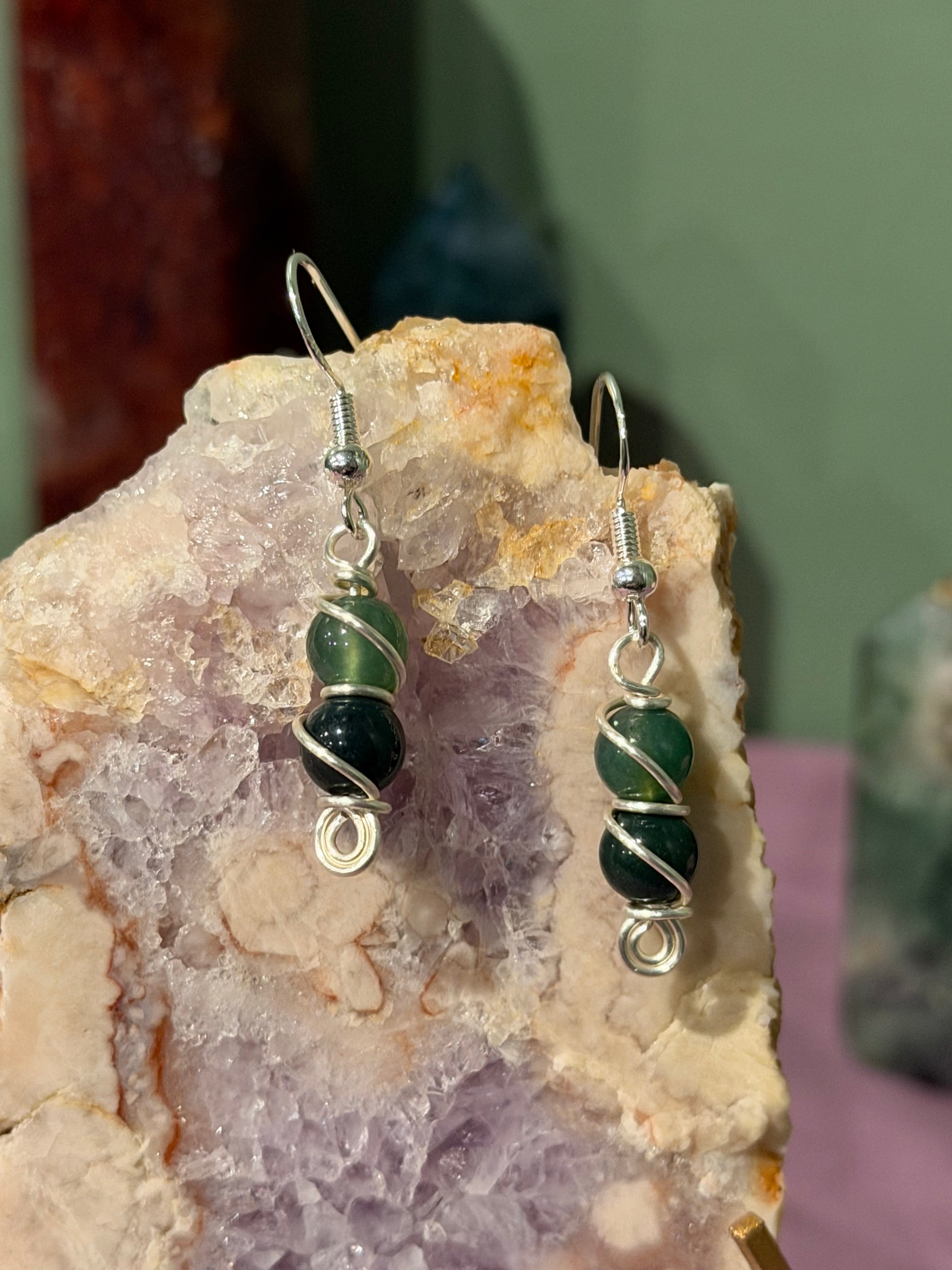 Double Moss Agate silver-tone copper wire-wrapped earrings
