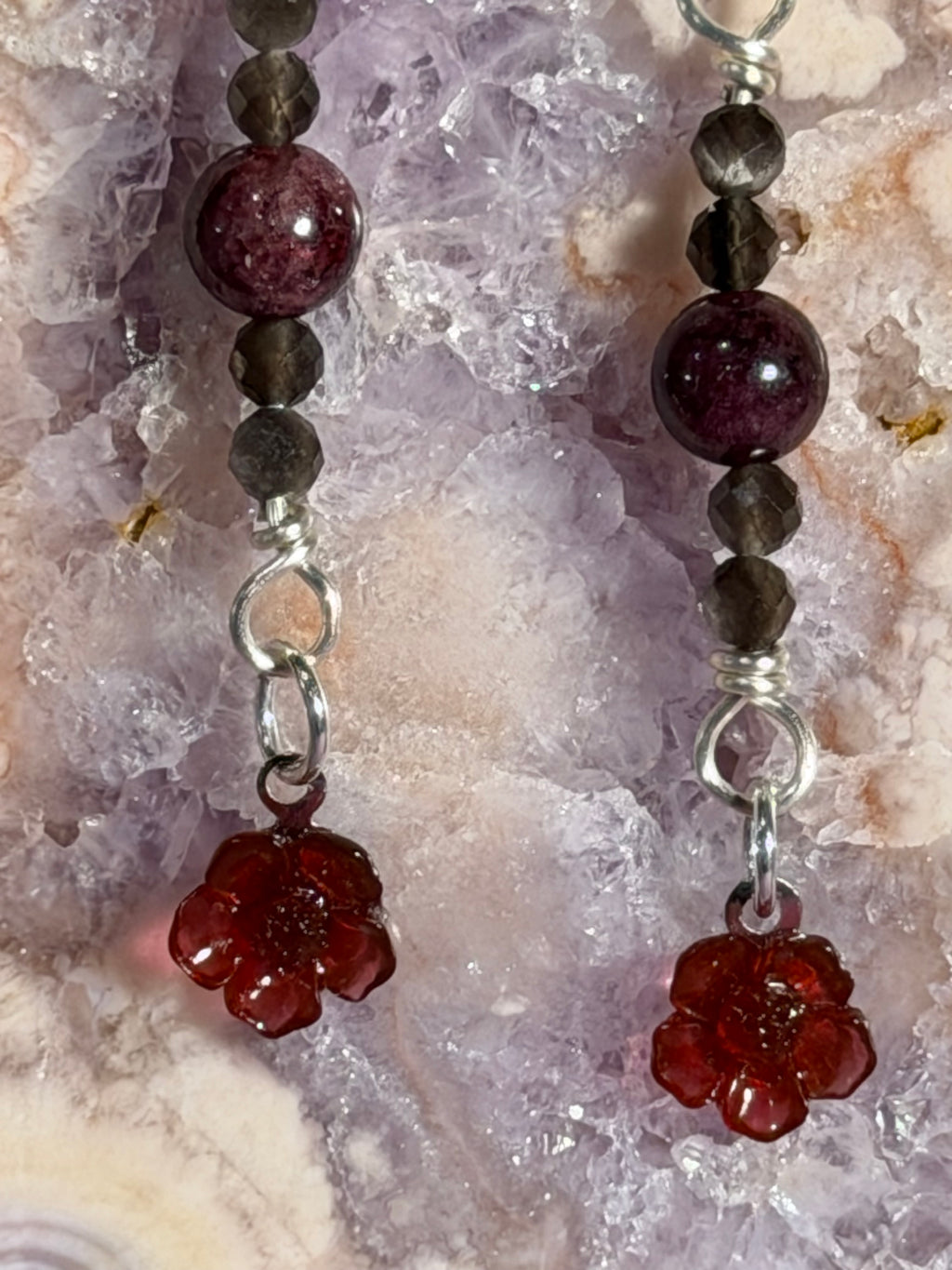 Garnet & Silver Sheen Obsidian silver-tone flower earrings
