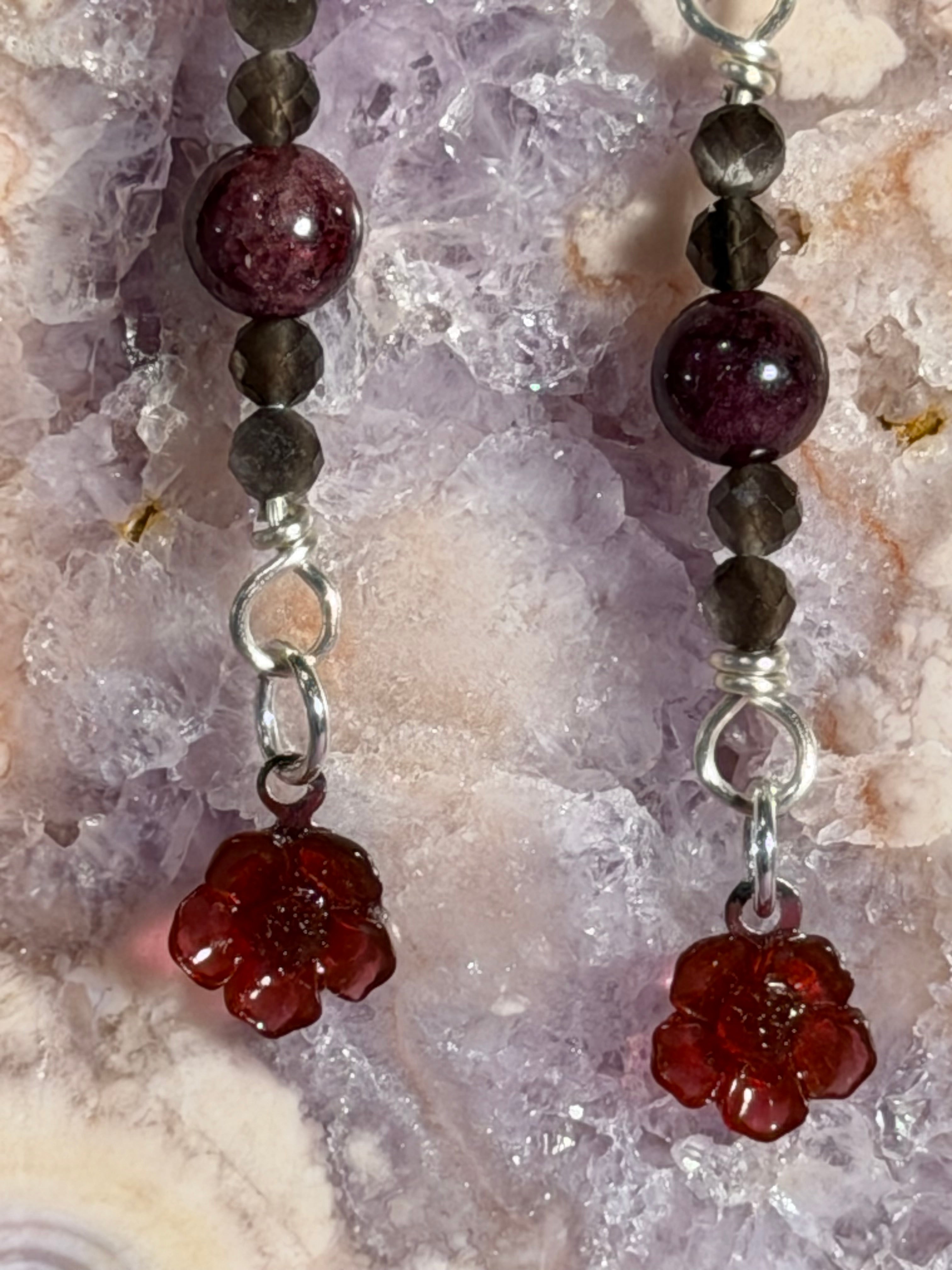 Garnet & Silver Sheen Obsidian silver-tone flower earrings