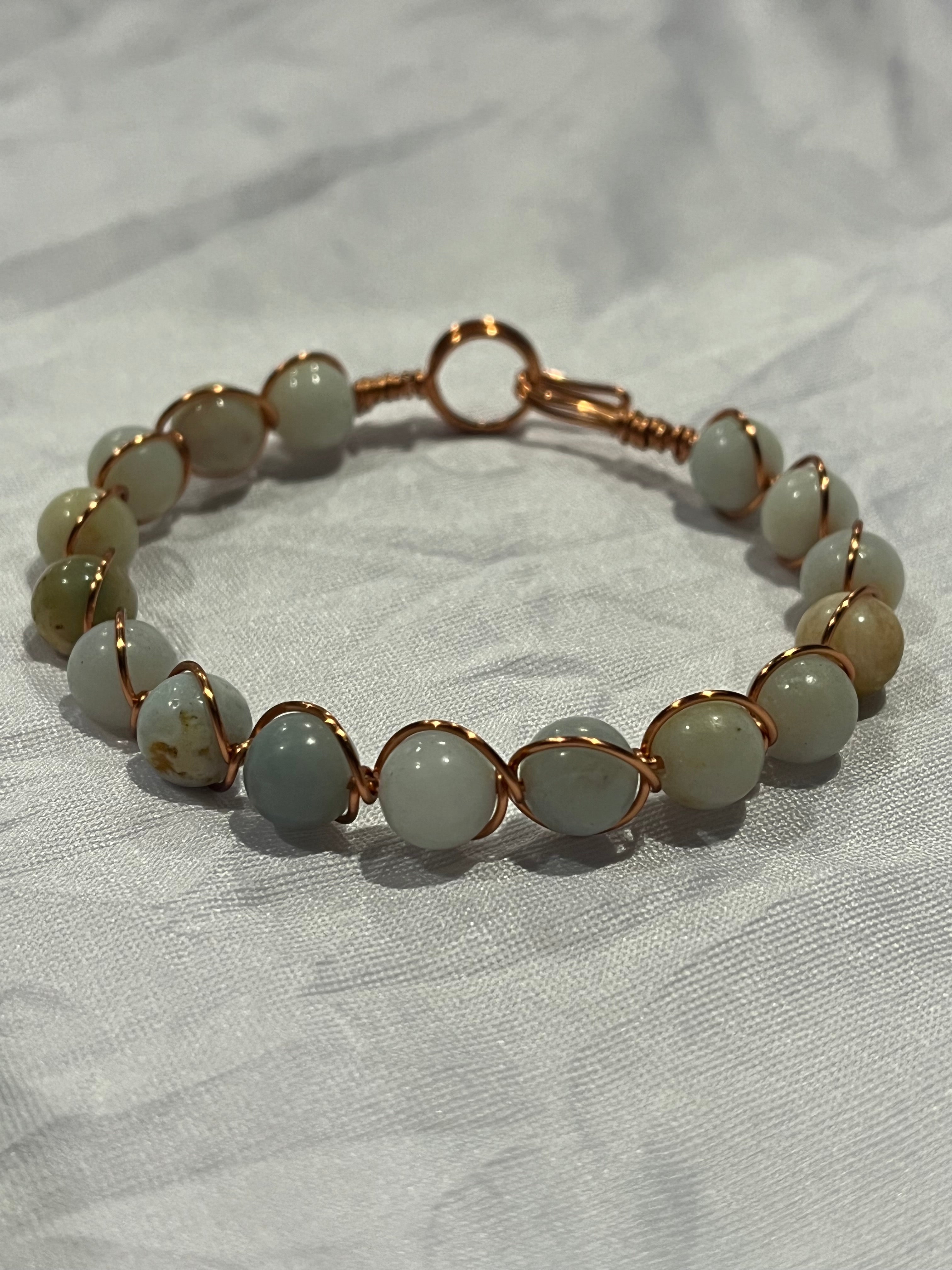 Amazonite 7 inch copper wire-wrapped bracelet