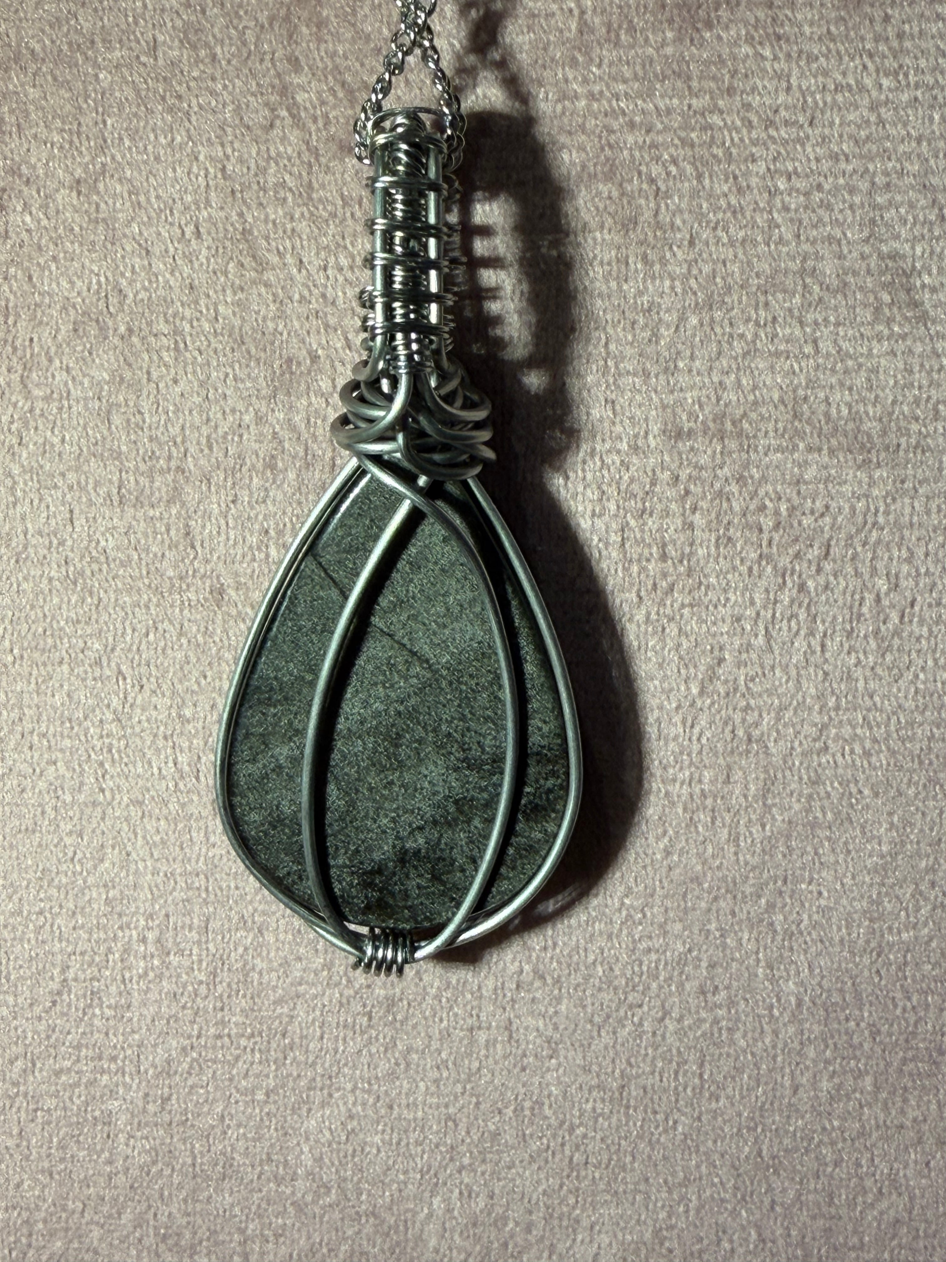 Silver Sheen Obsidian stainless-steel wire-wrapped pendant