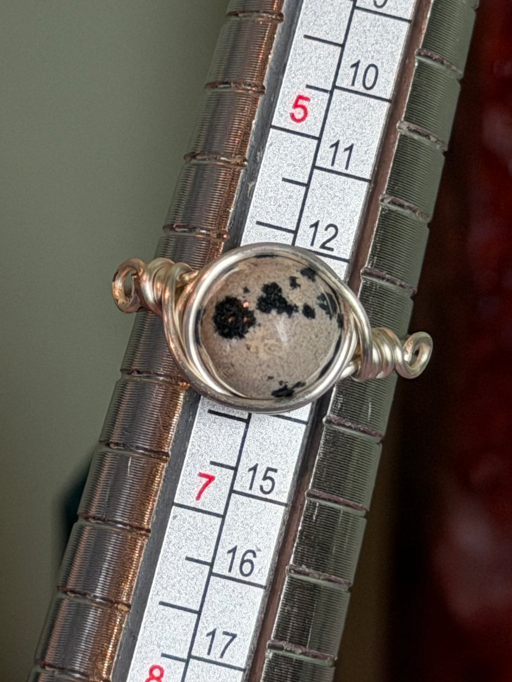 Dalmatian Jasper size 6 silver-tone copper wire-wrapped ring